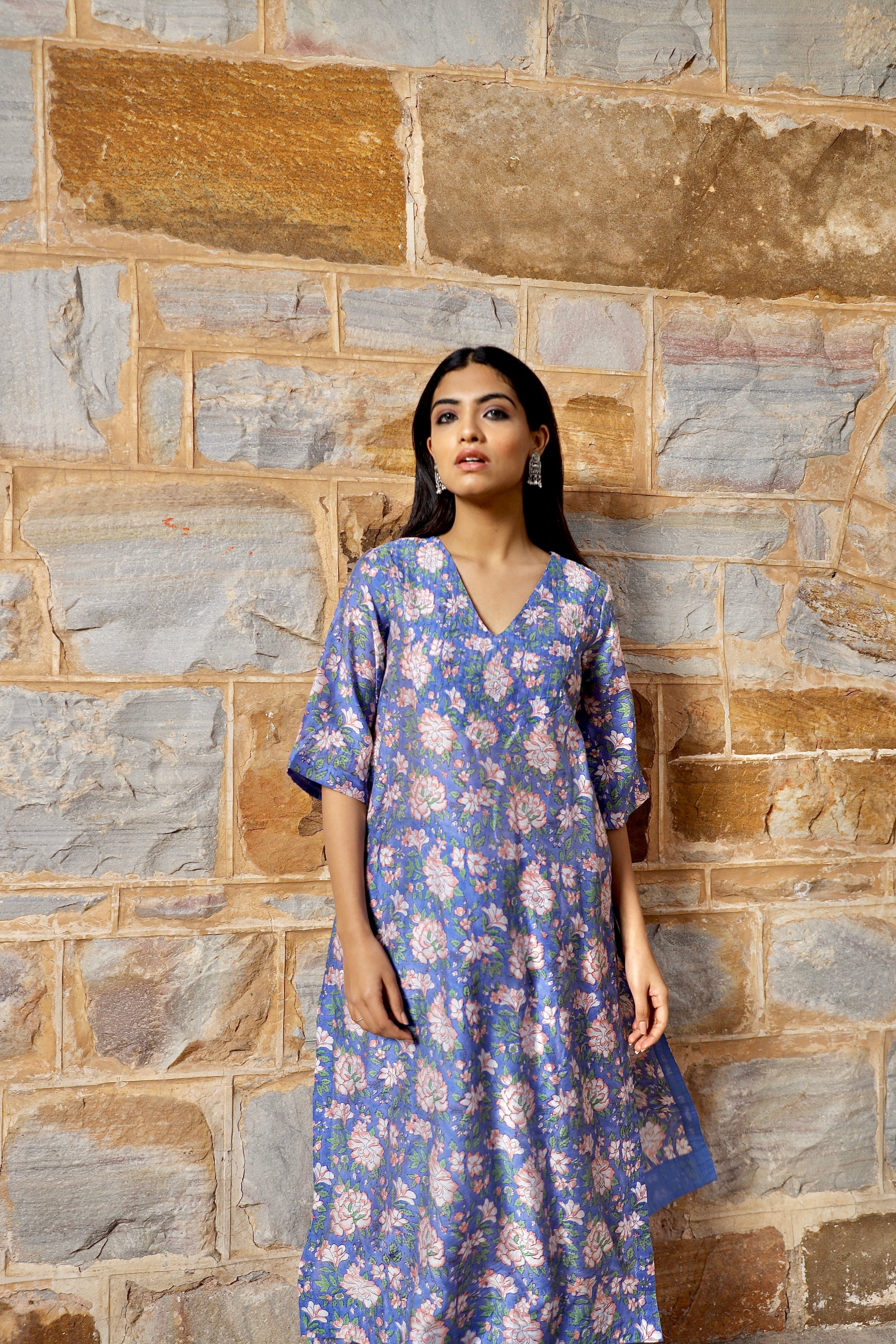Blue flower print handblock chanderi pintucks kurta pant set Asrumo