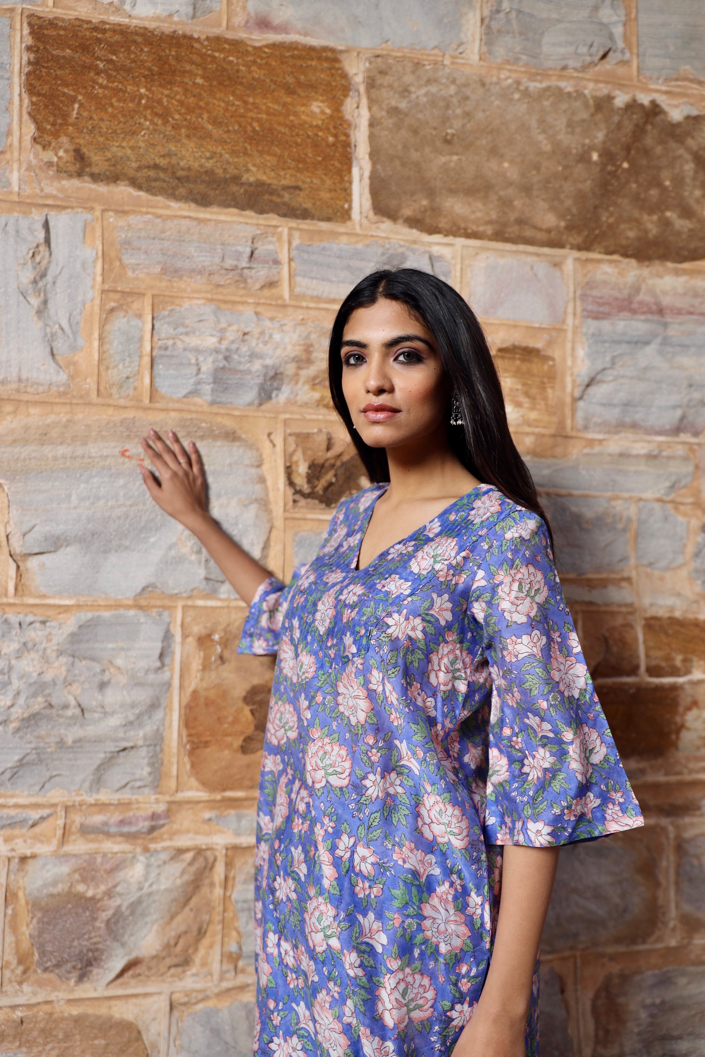 Blue flower print handblock chanderi pintucks kurta pant set Asrumo