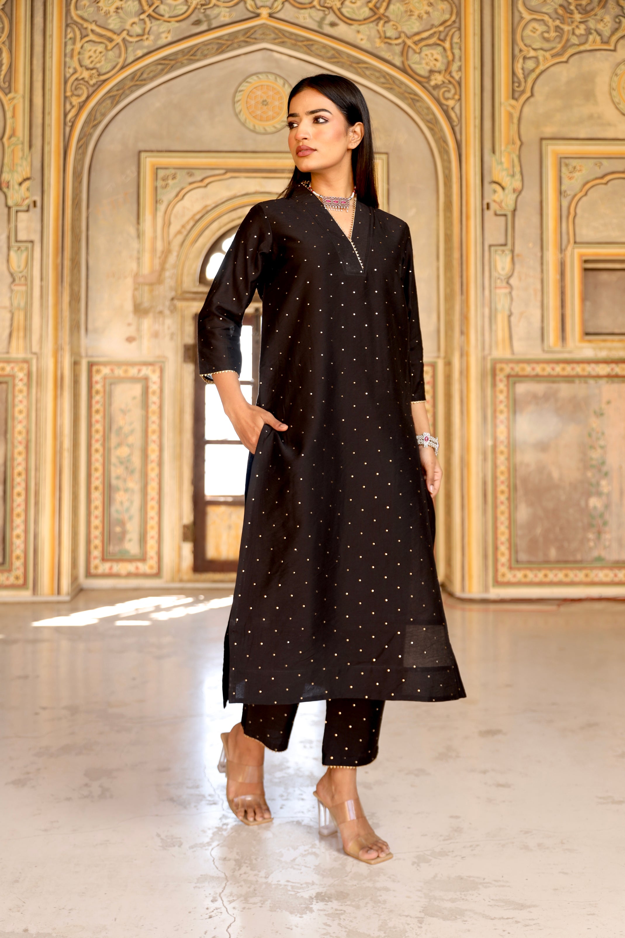 Black mukaish work chanderi straight set Asrumo