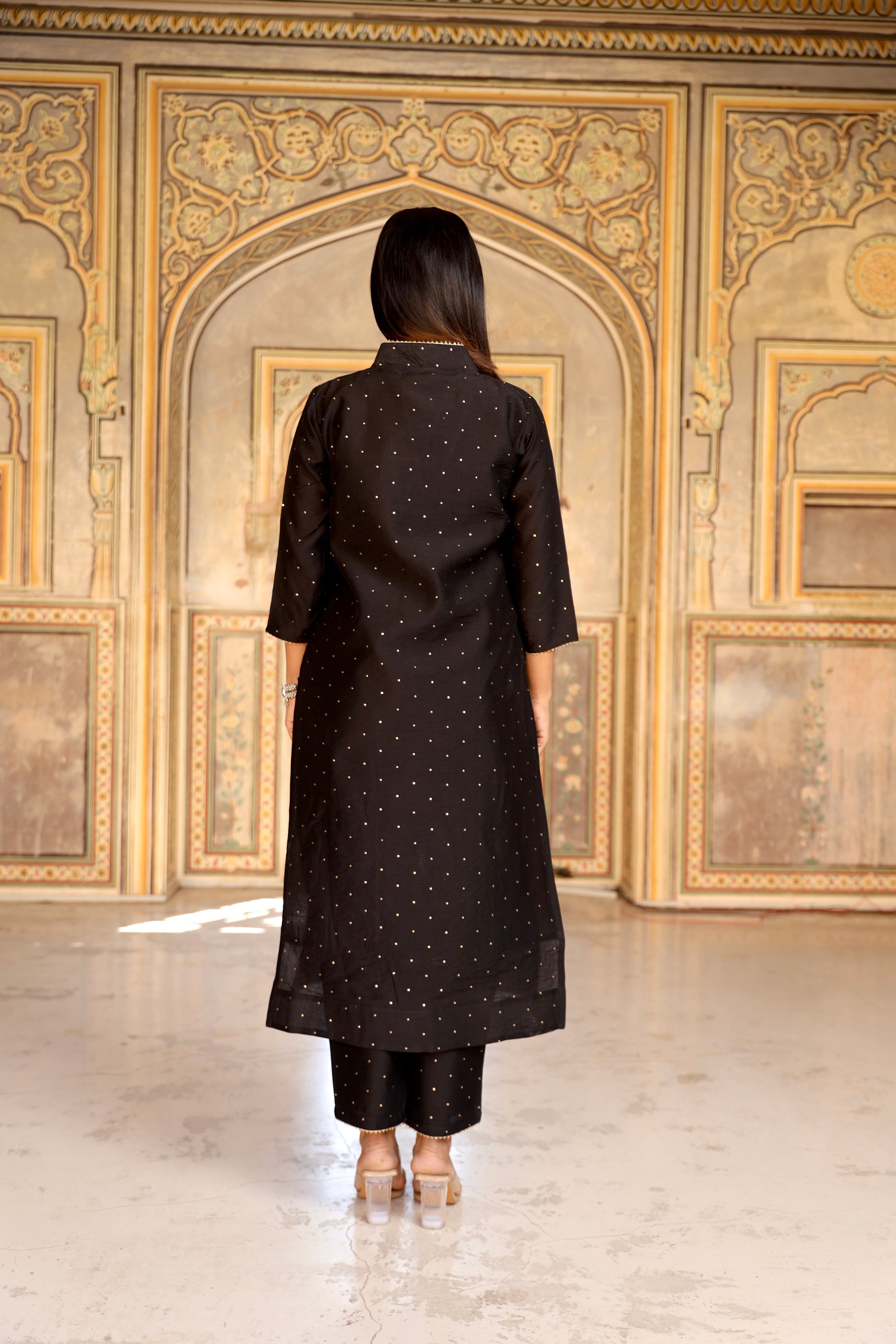 Black mukaish work chanderi straight set Asrumo