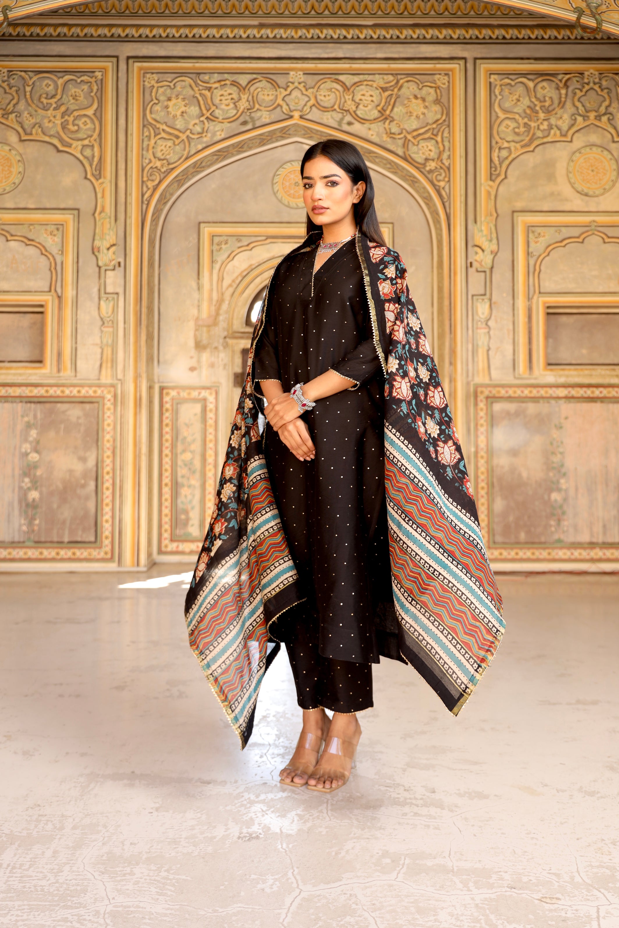 Black mukaish work chanderi straight set Asrumo