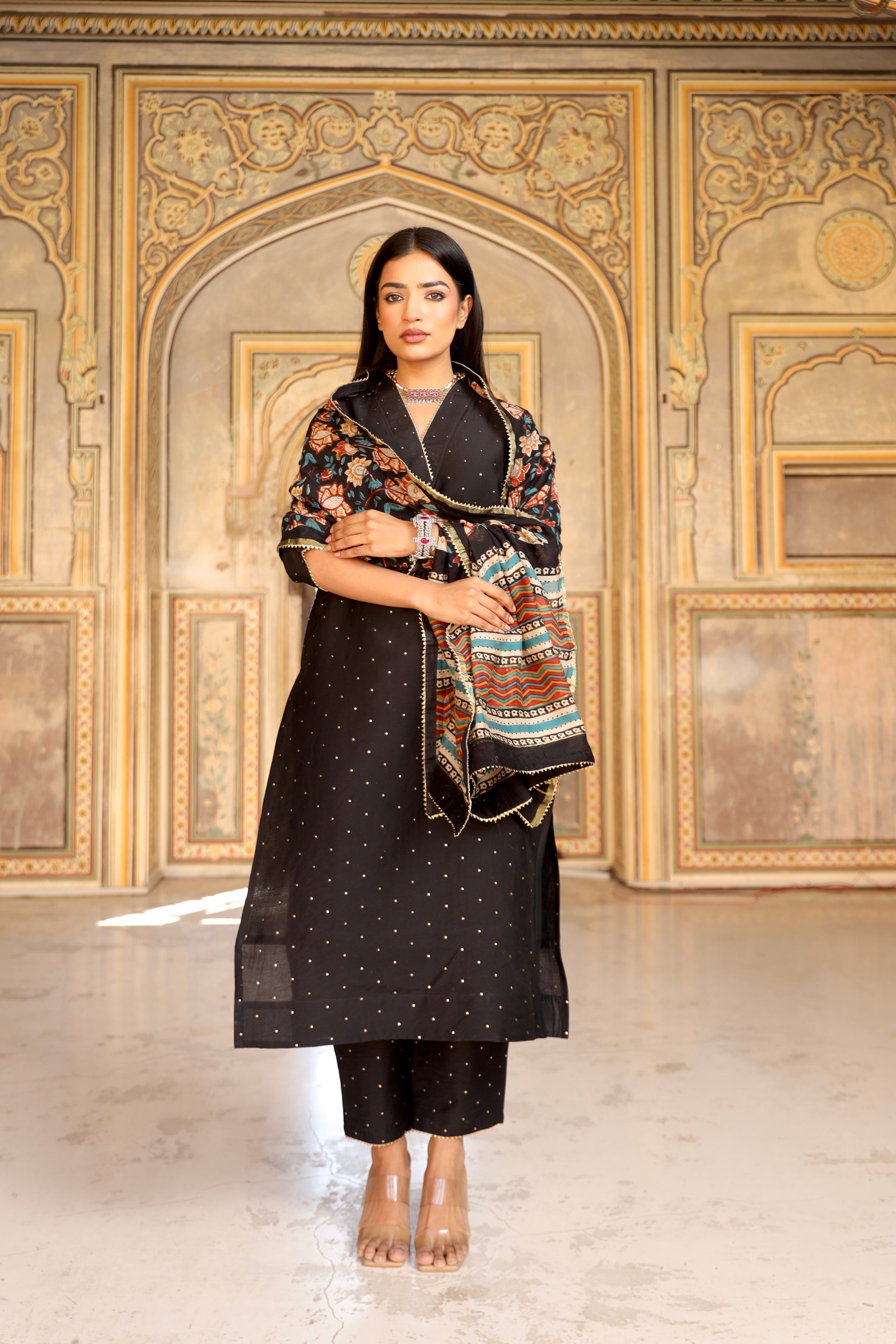 Black mukaish work chanderi straight set Asrumo