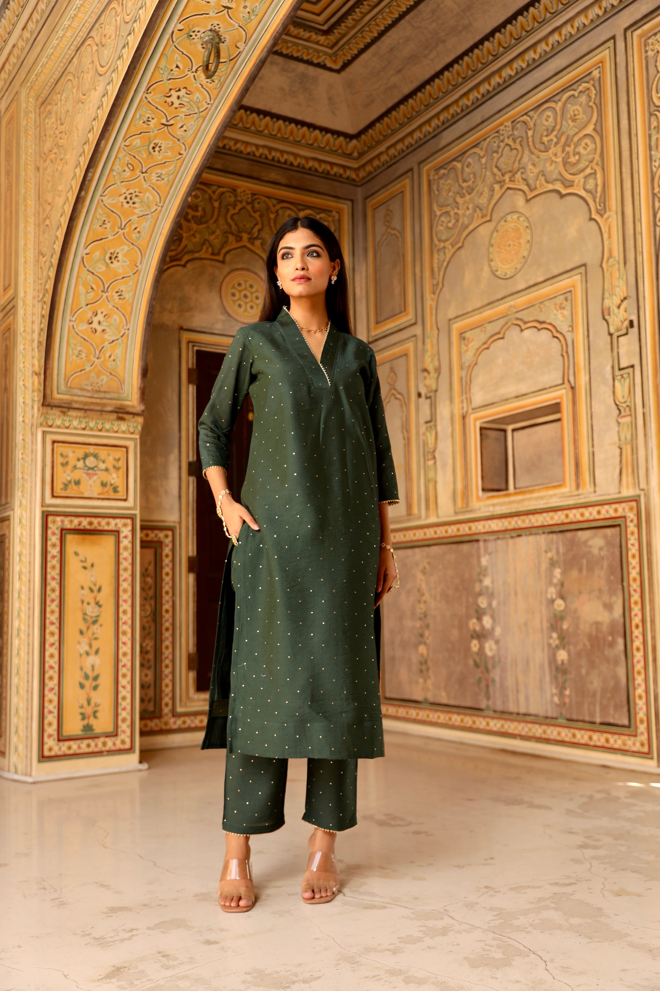 Green mukaish work chanderi straight set Asrumo