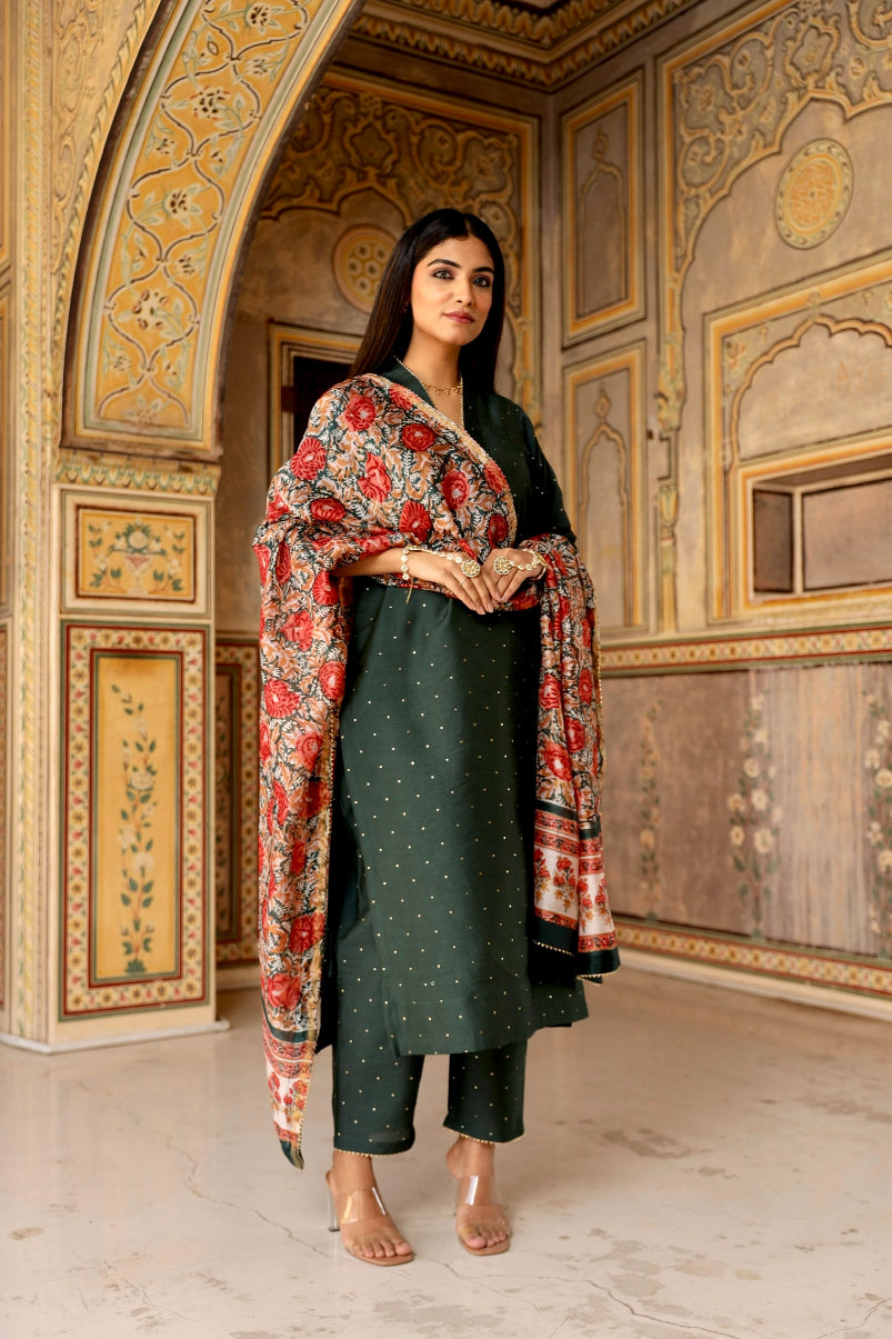 Green mukaish work chanderi straight set Asrumo