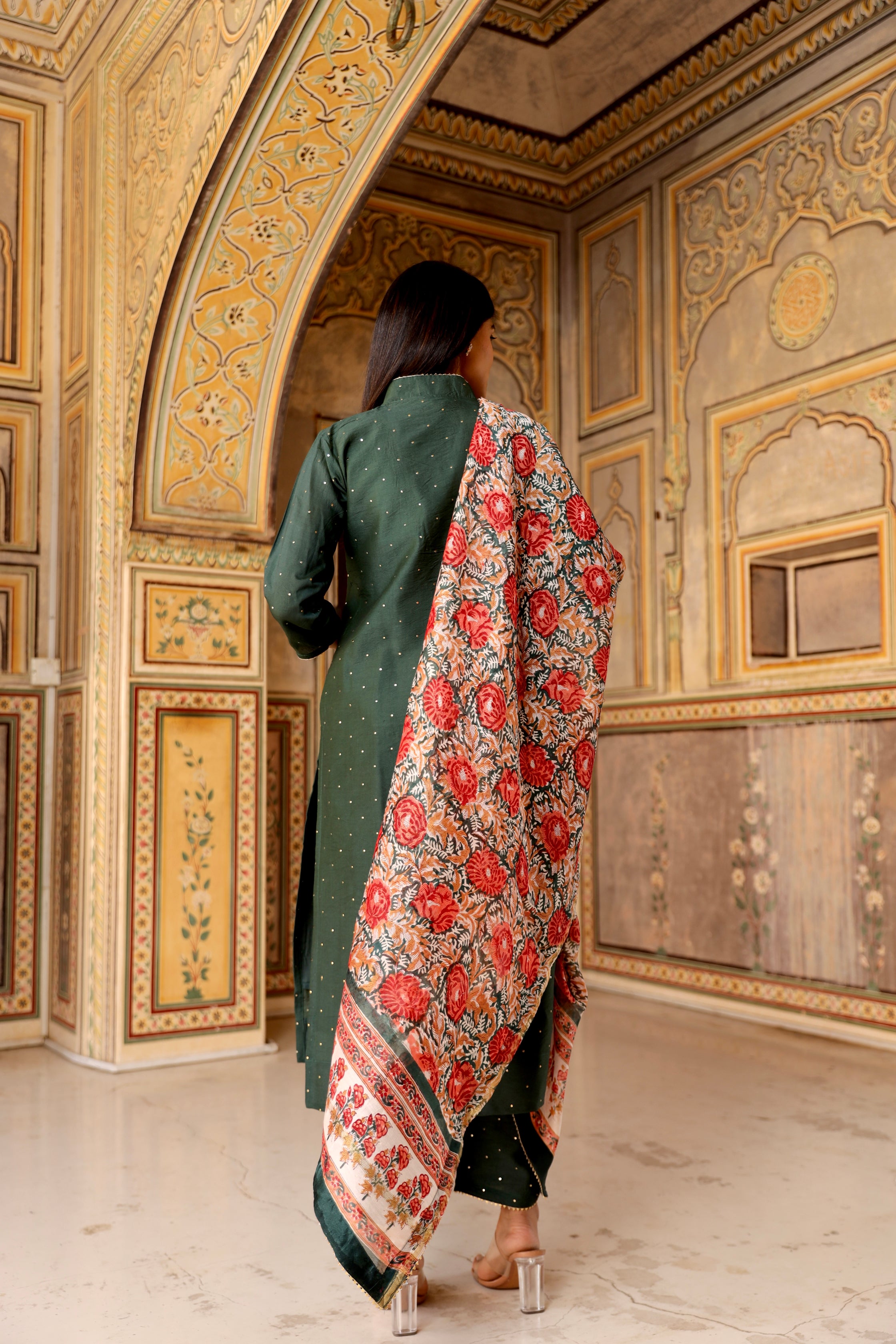 Green mukaish work chanderi straight set Asrumo