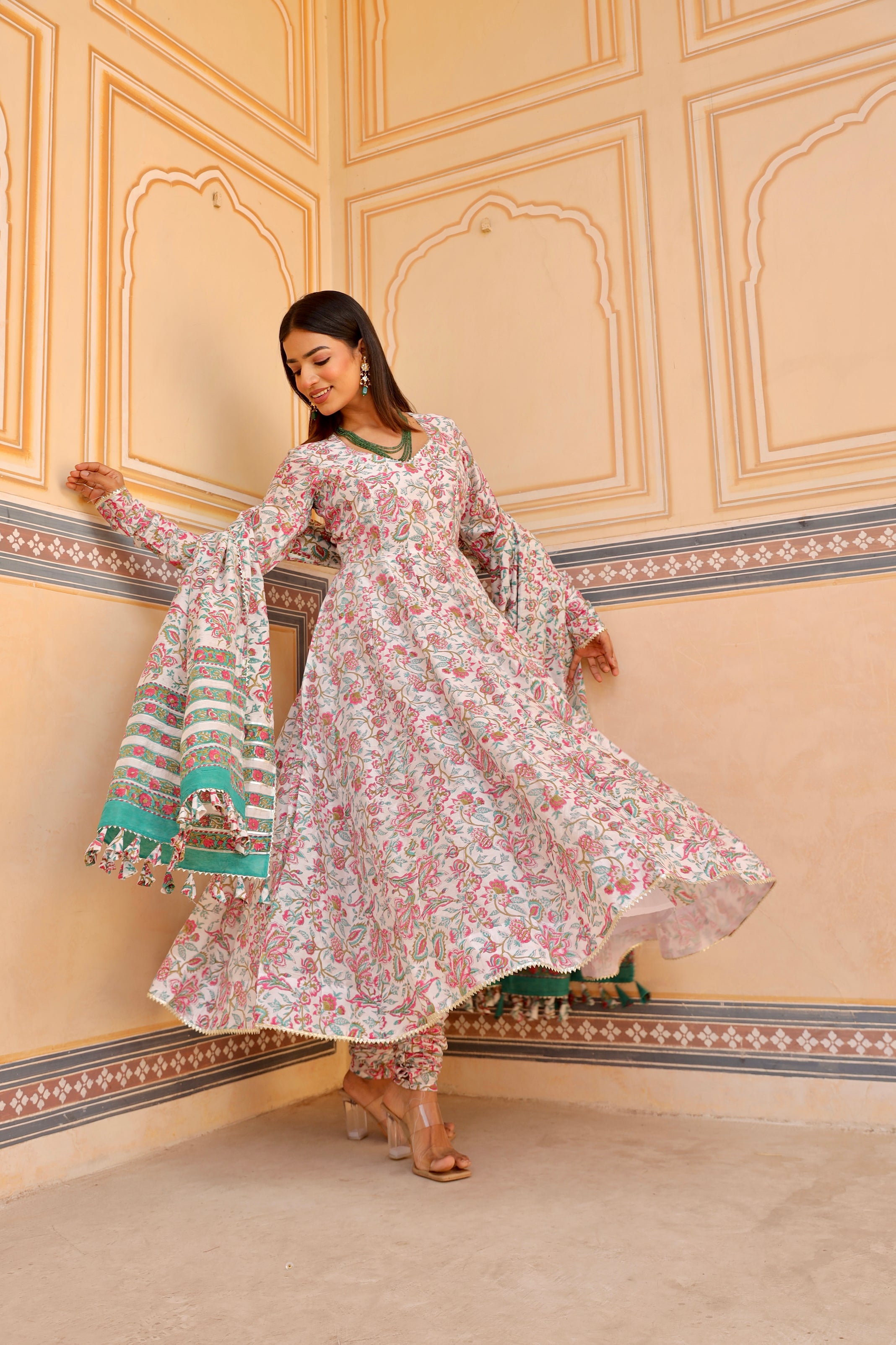 White flower print handblock chanderi anarkali set Asrumo