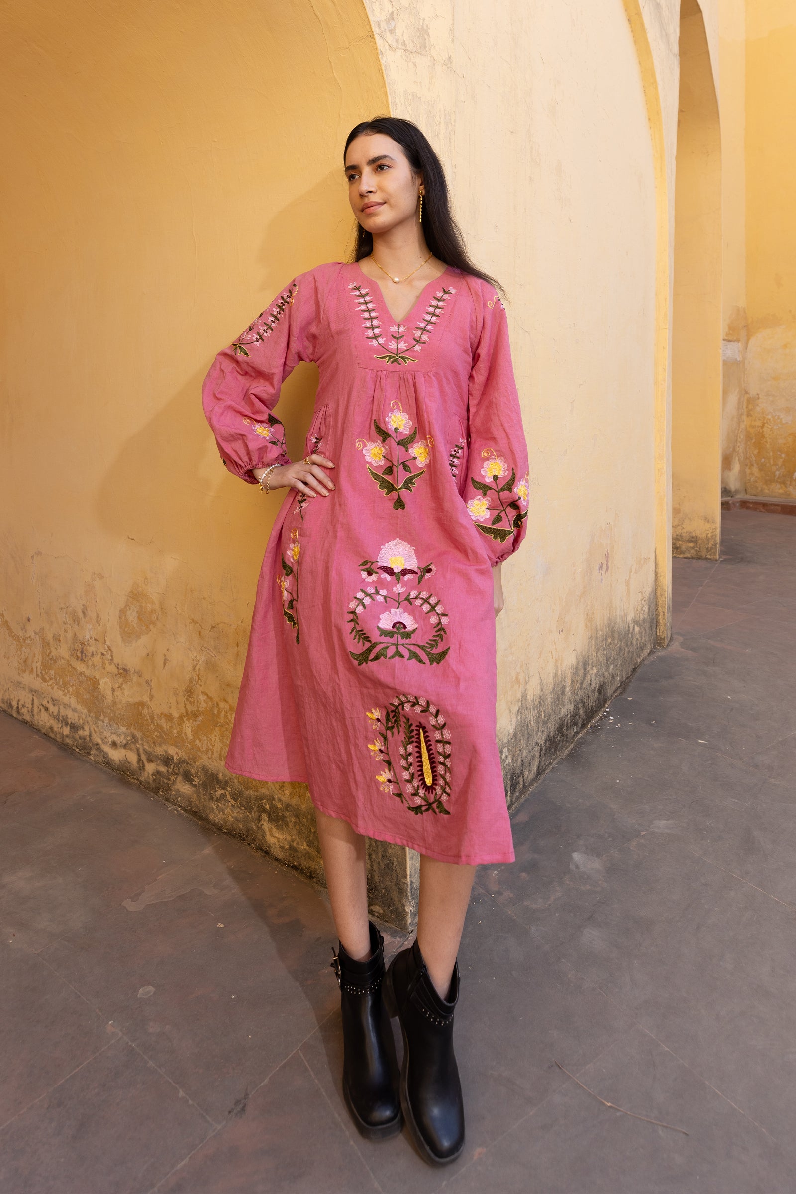 Pink Linen Blend Hand-Embroidered Dress