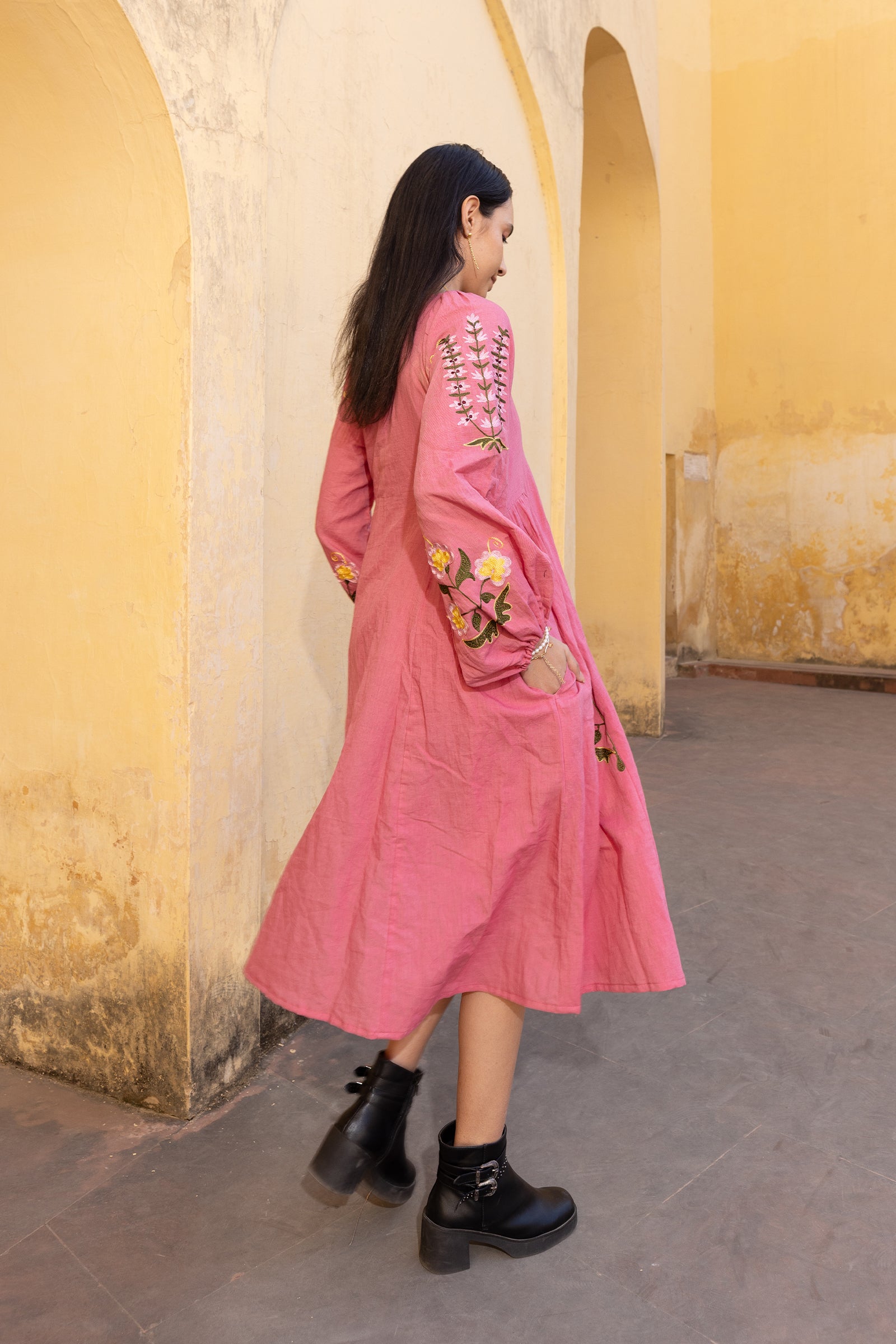 Pink Linen Blend Hand-Embroidered Dress