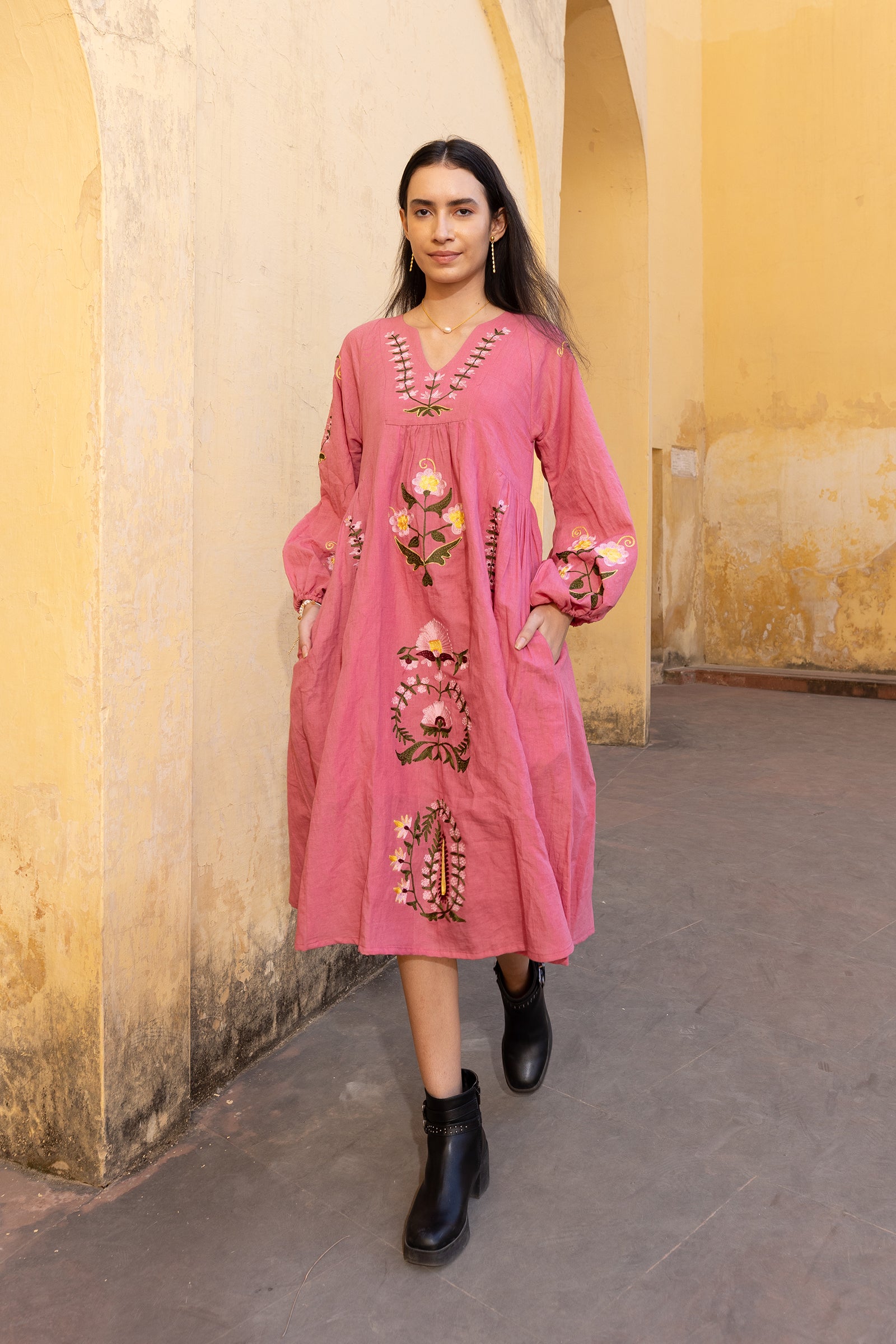 Pink Linen Blend Hand-Embroidered Dress