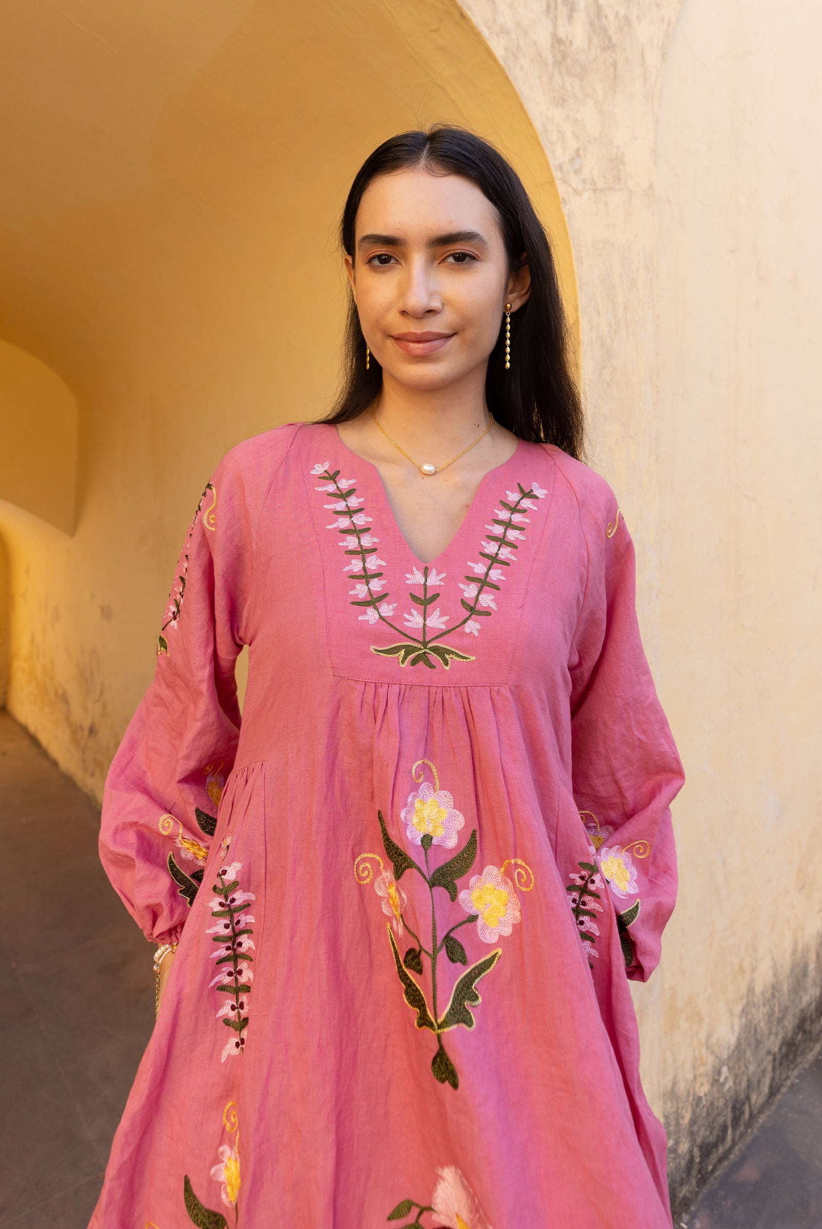 Pink Linen Blend Hand-Embroidered Dress