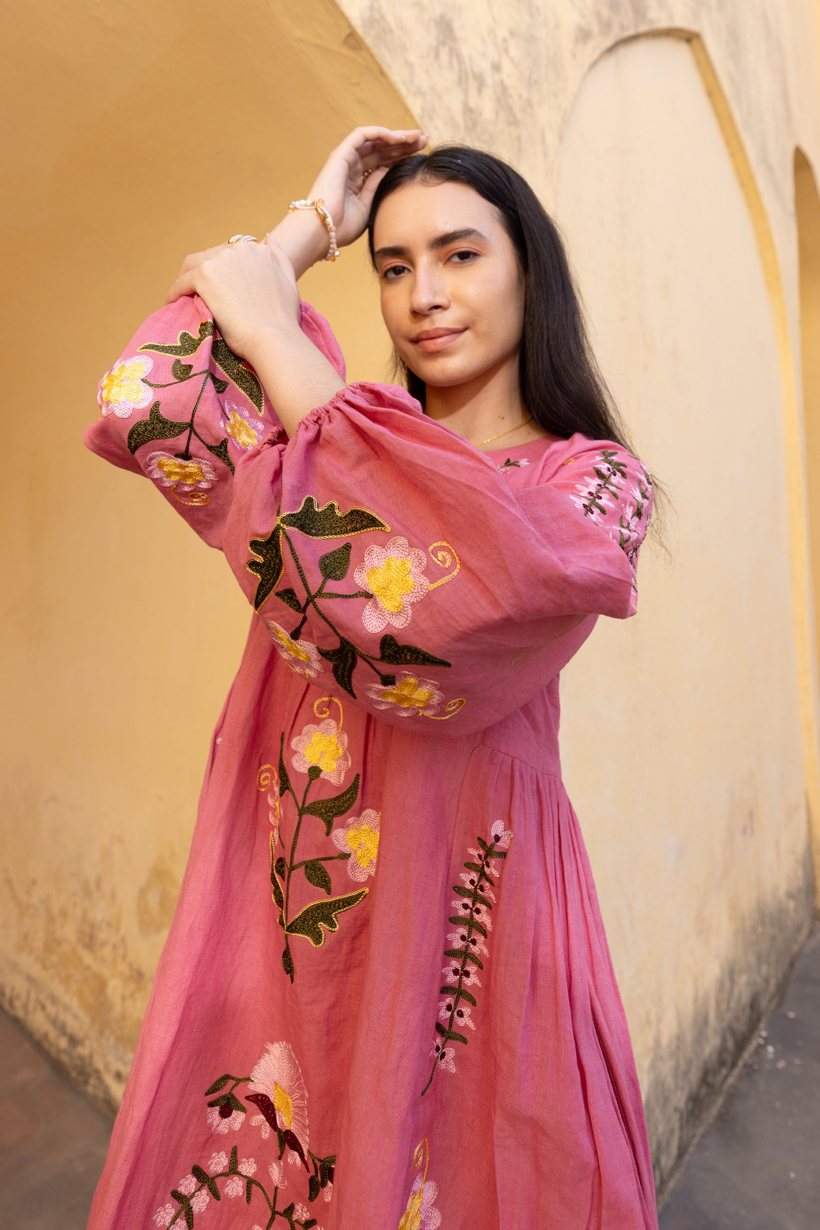 Pink Linen Blend Hand-Embroidered Dress