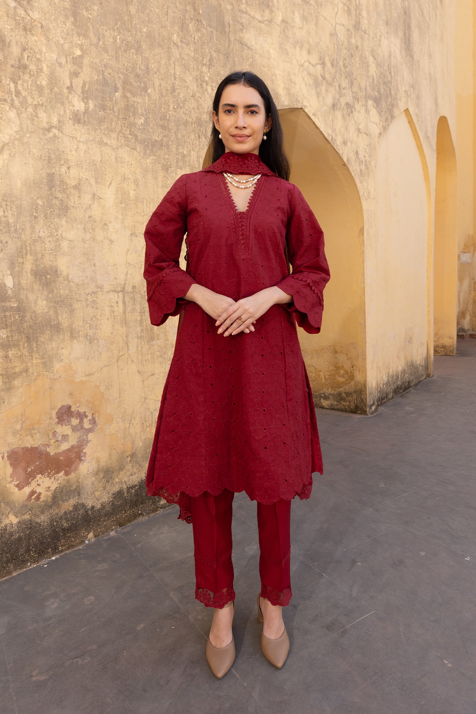 red cotton schiffli straight A-Line suit - embroidered kurta set