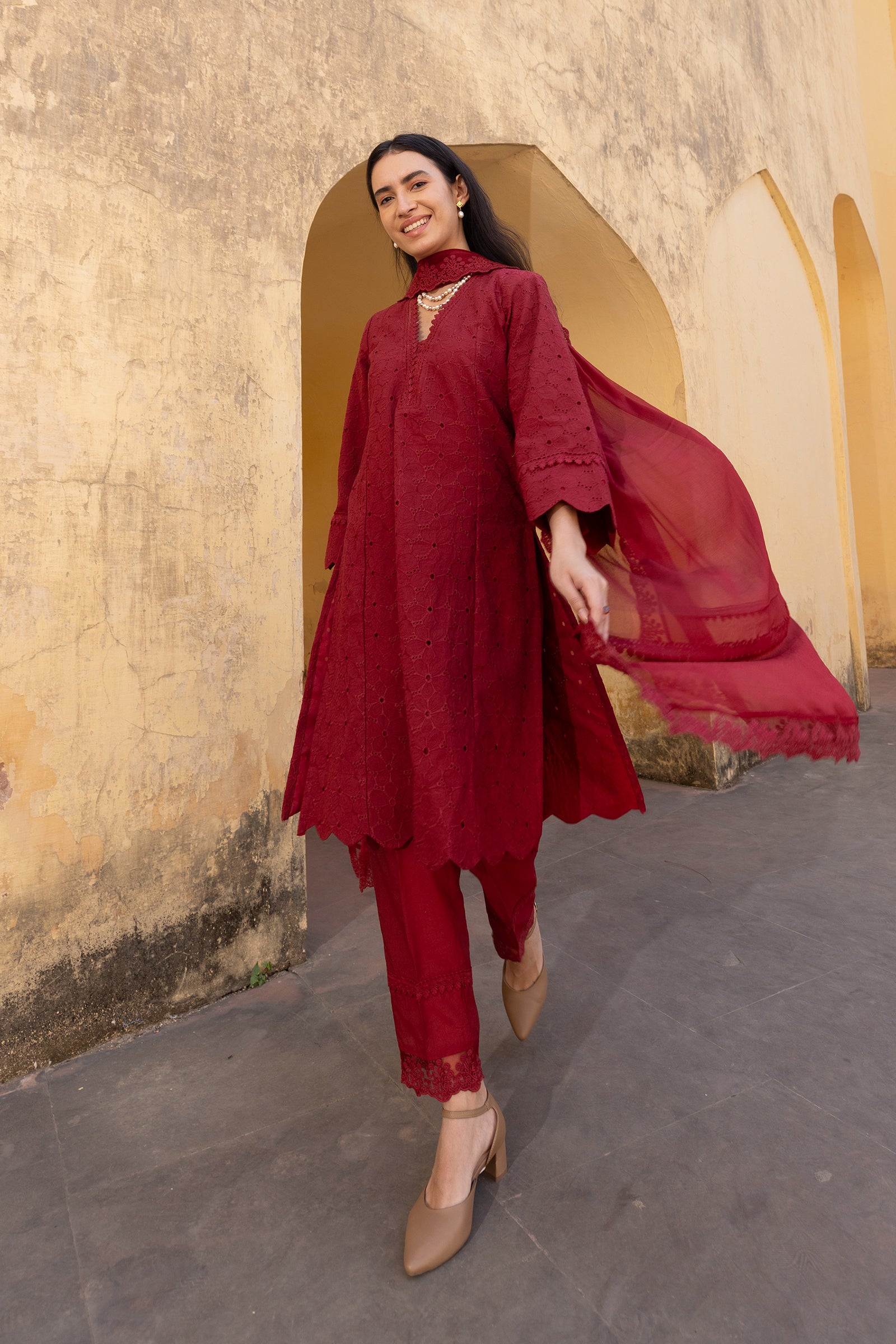 red cotton schiffli straight A-Line suit - embroidered kurta set