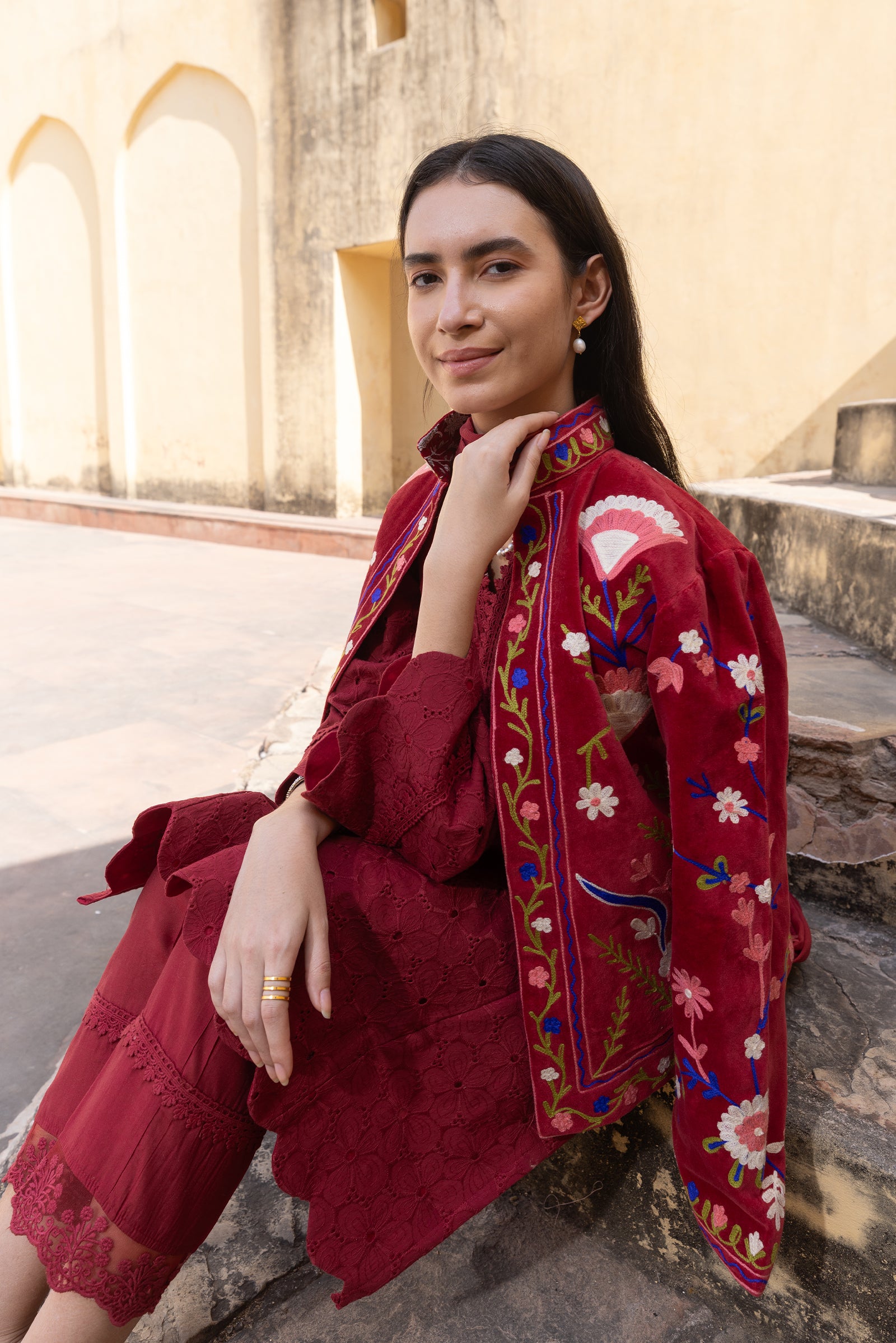 red cotton schiffli straight A-Line suit - embroidered kurta set