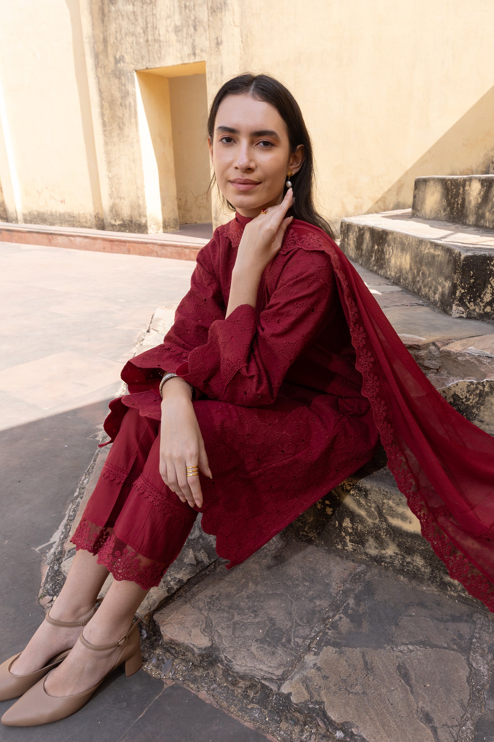 red cotton schiffli straight A-Line suit - embroidered kurta set