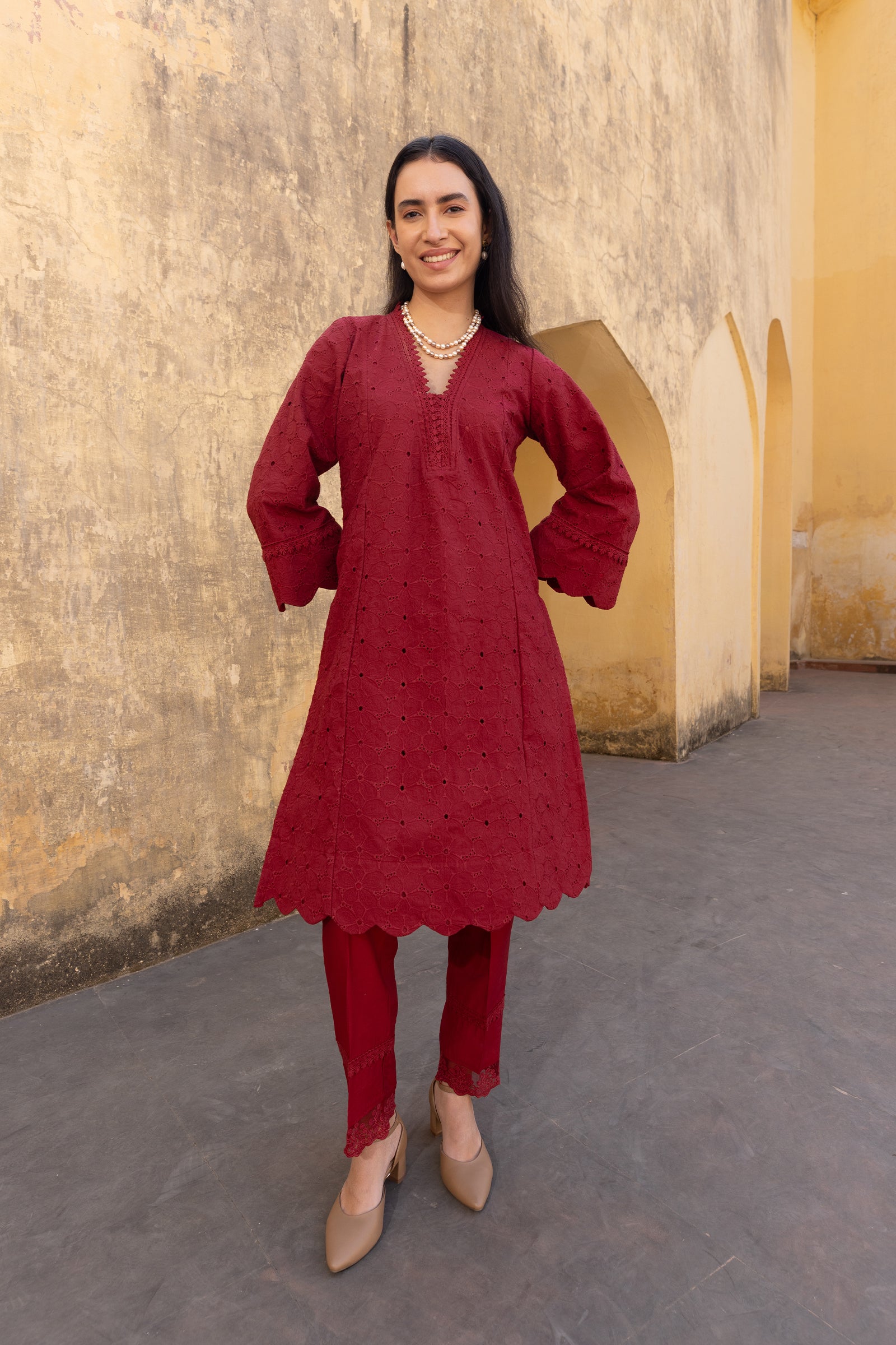 red cotton schiffli straight A-Line suit - embroidered kurta set