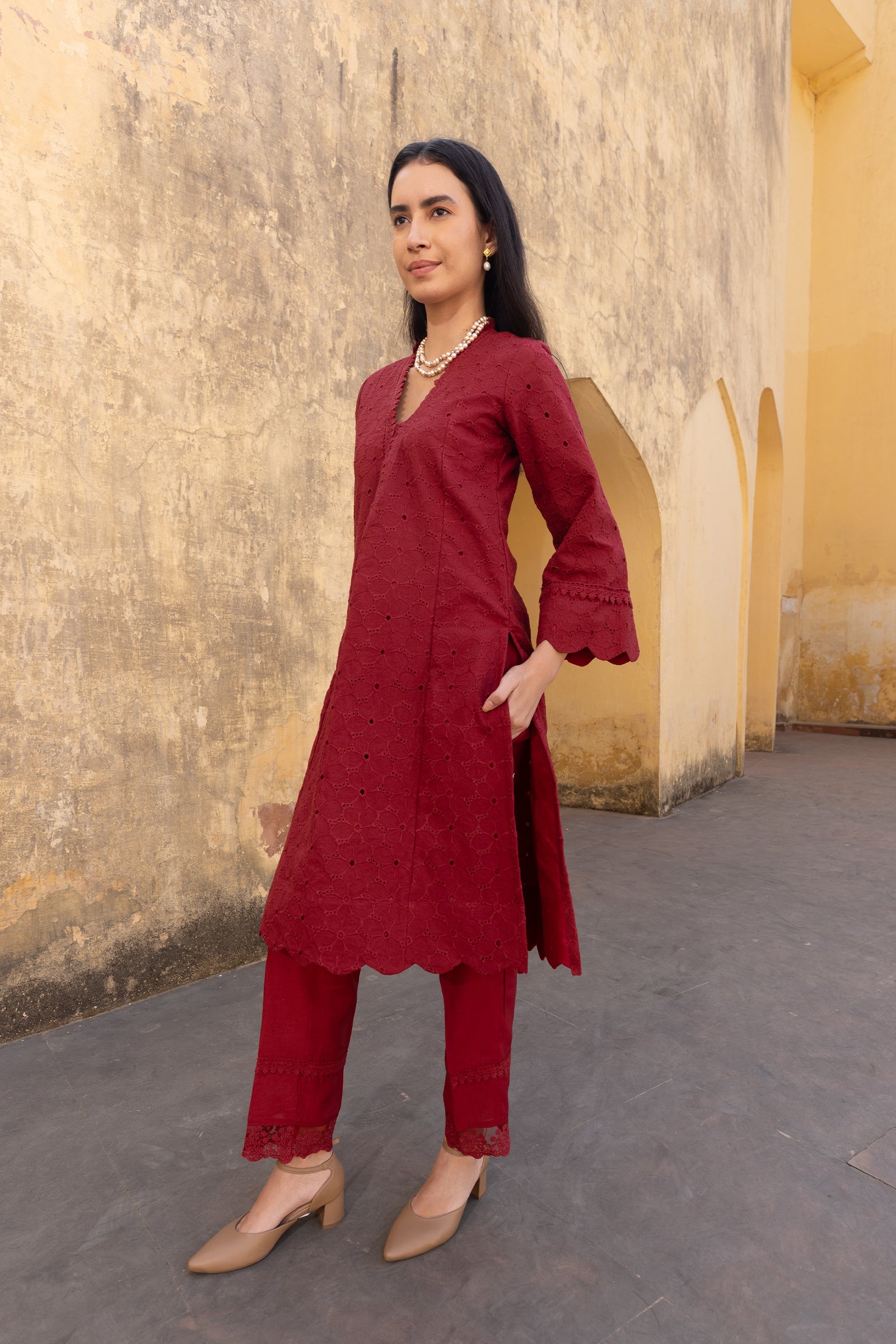 red cotton schiffli straight A-Line suit - embroidered kurta set