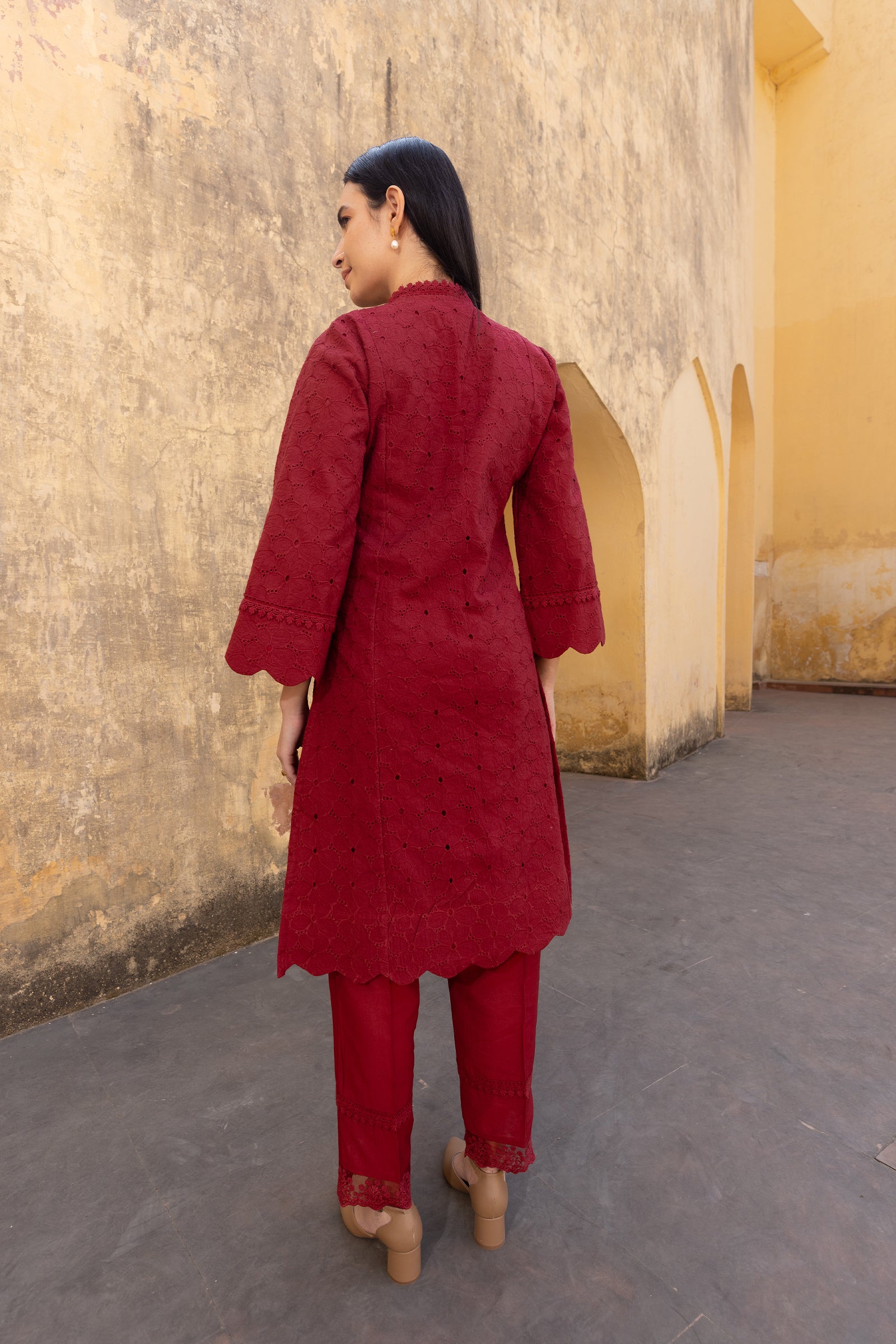 red cotton schiffli straight A-Line suit - embroidered kurta set