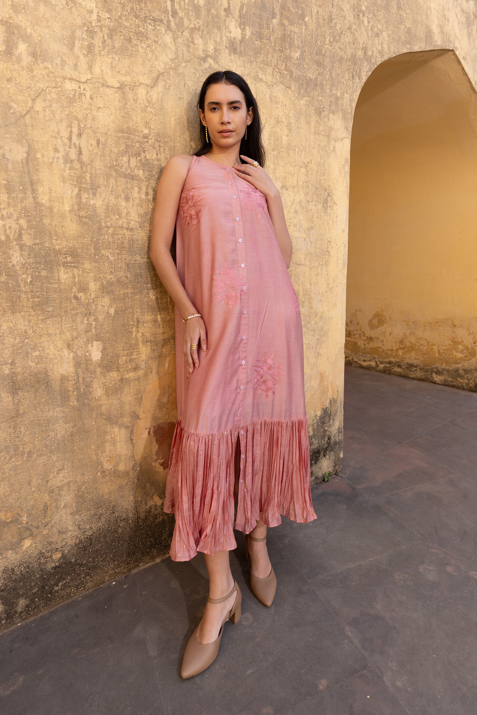 Pink Chanderi Frilled Dress