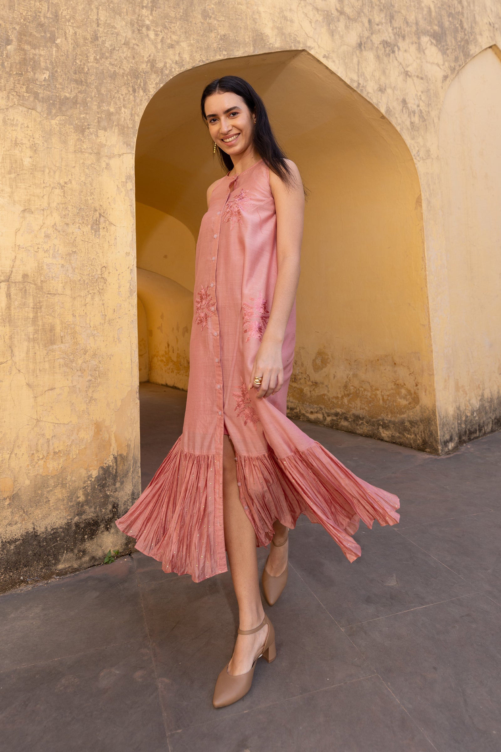 Pink Chanderi Frilled Dress
