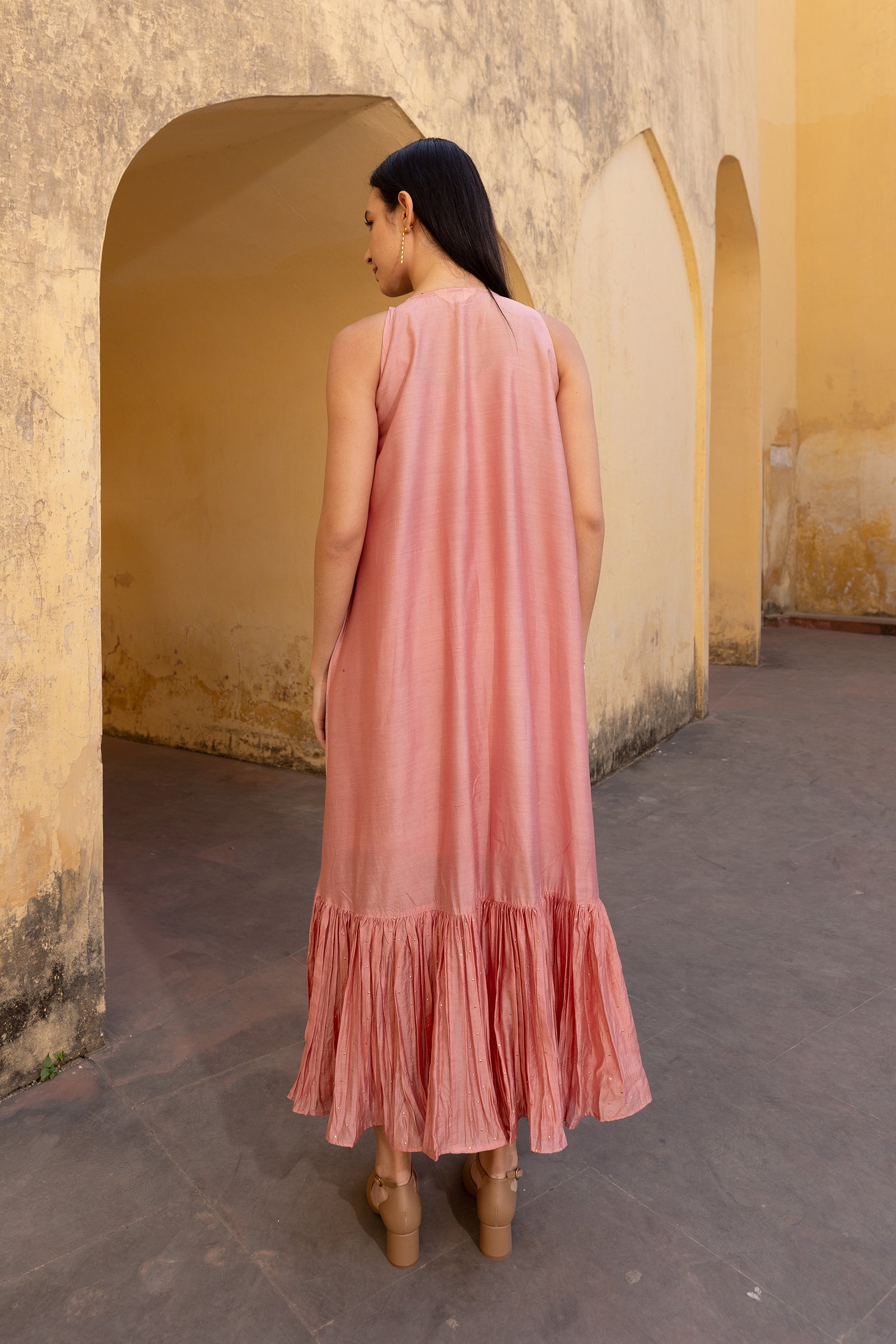 Pink Chanderi Frilled Dress