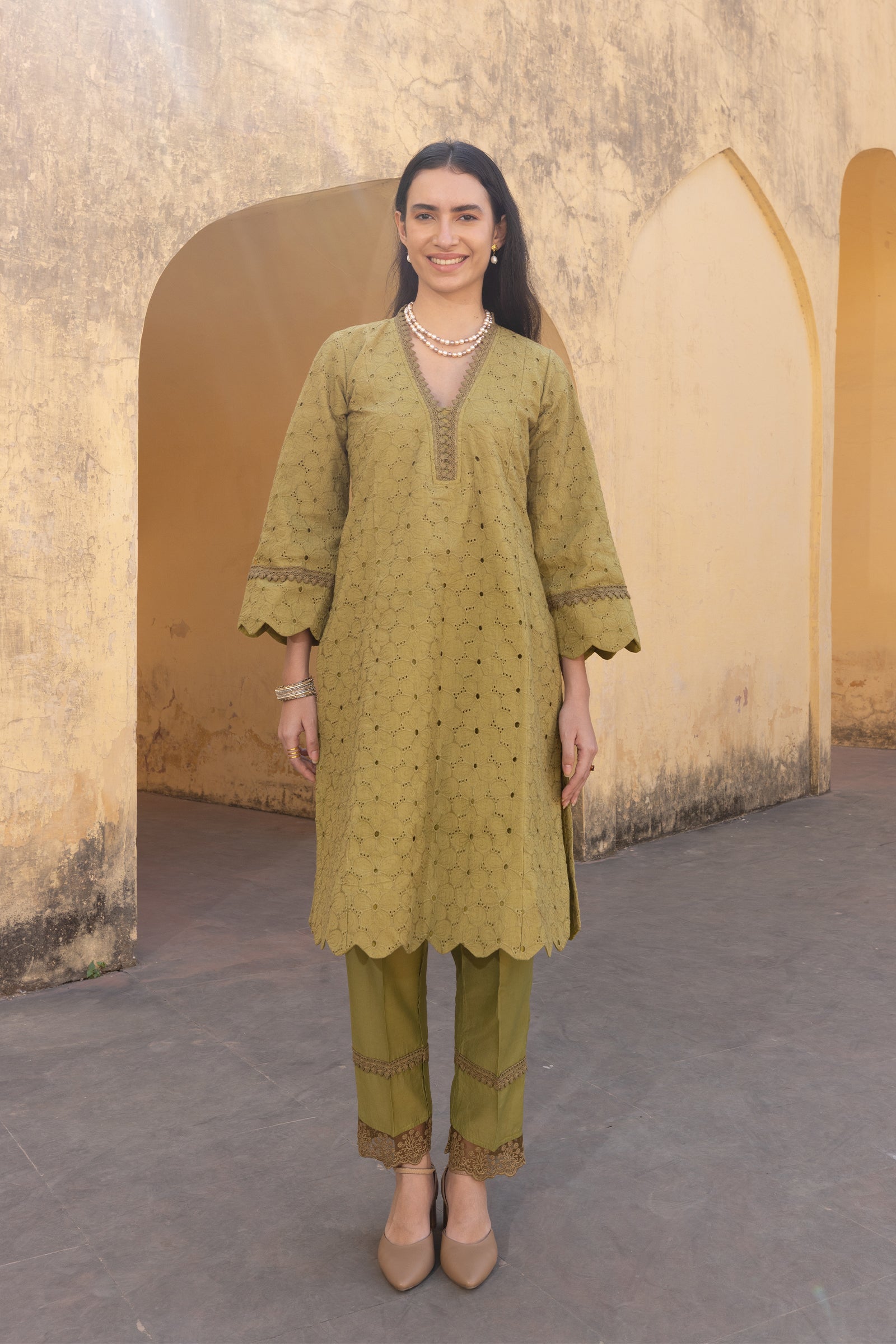 green embroidered kurti with dupatta - kurta set for women