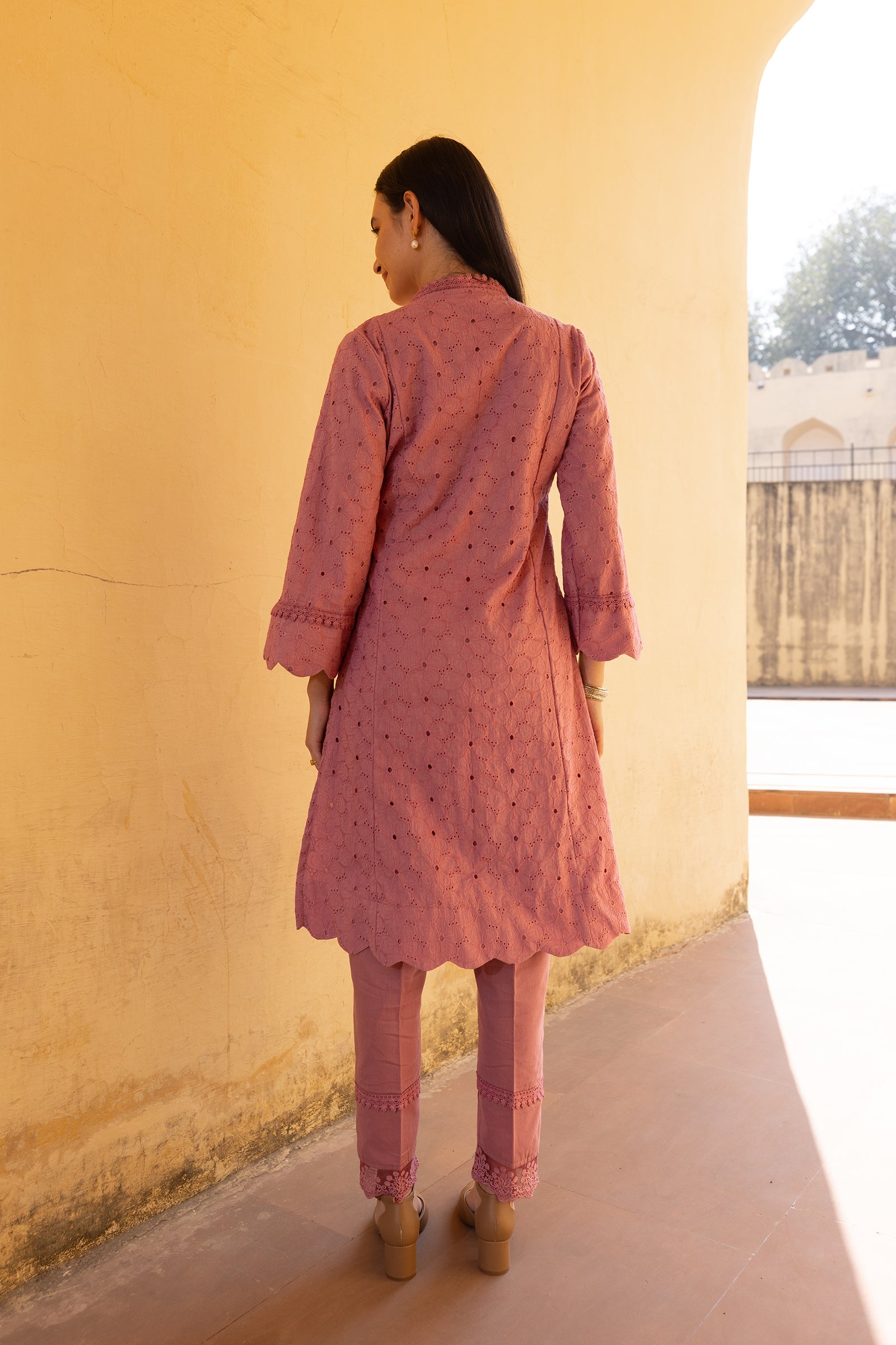 old rose embroidery kurti with dupatta