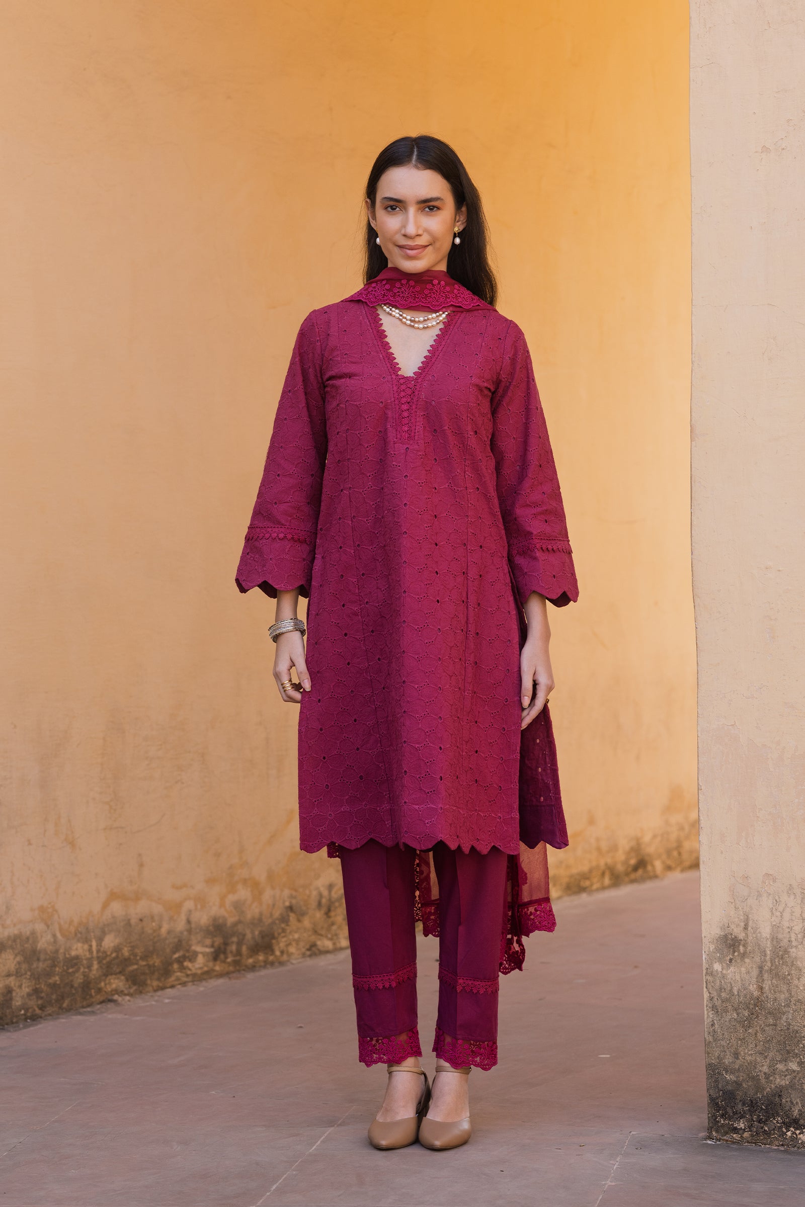 magenta pink embroidery kurti with dupatta