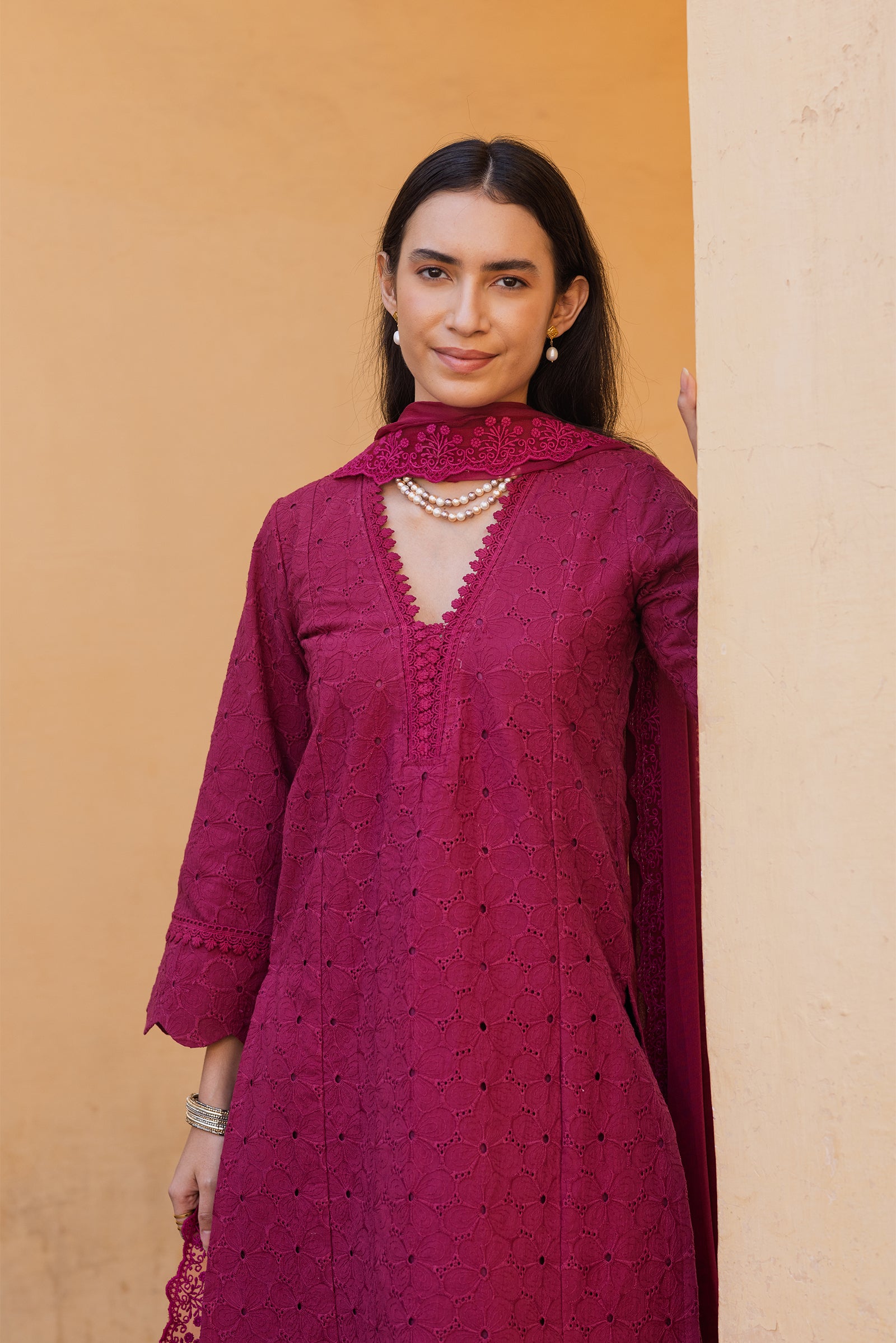 magenta pink embroidery kurti with dupatta