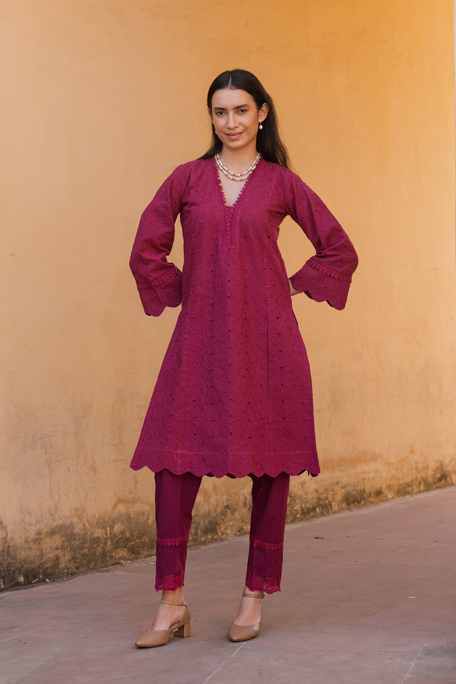 magenta pink embroidery kurti with dupatta