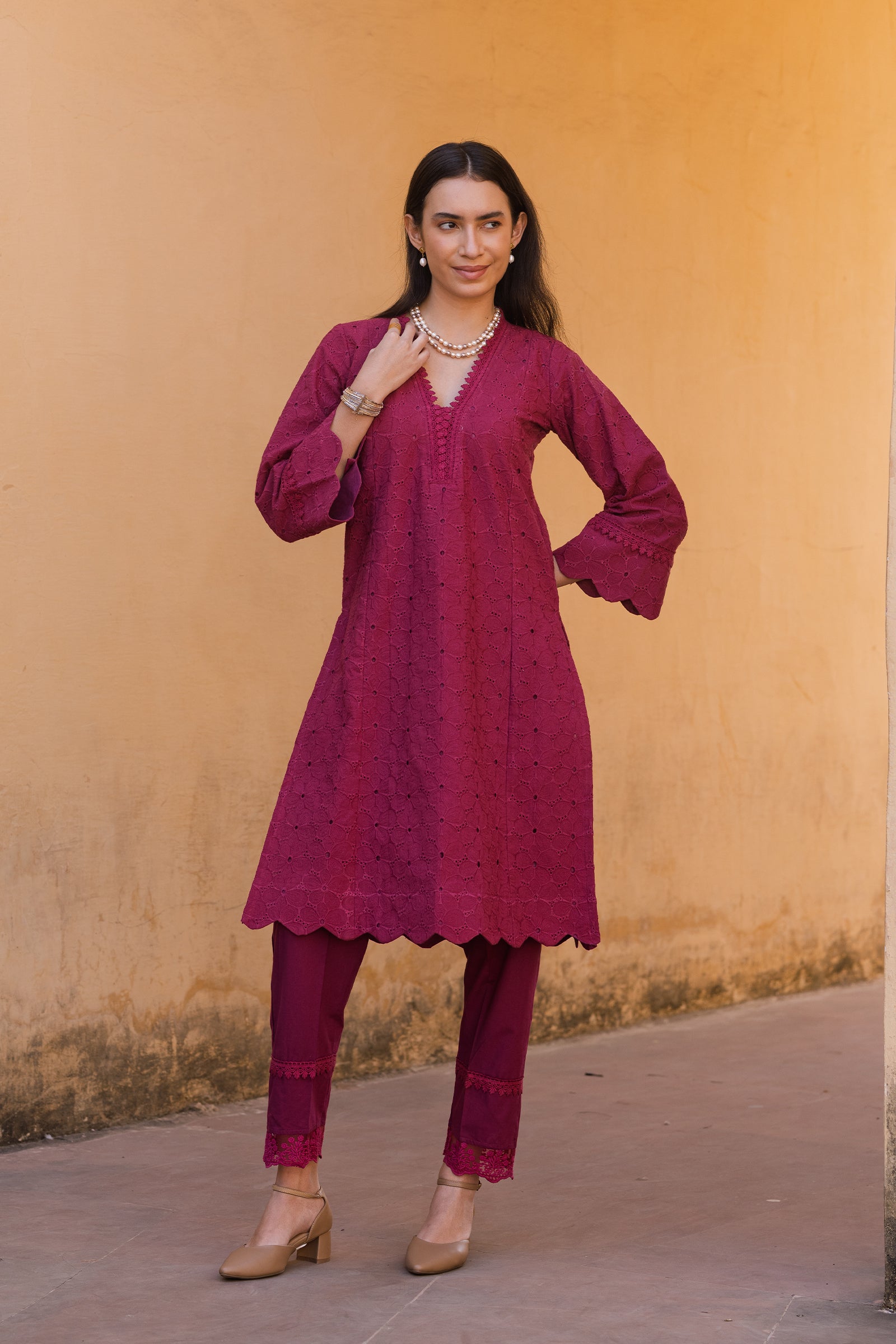 magenta pink embroidery kurti with dupatta