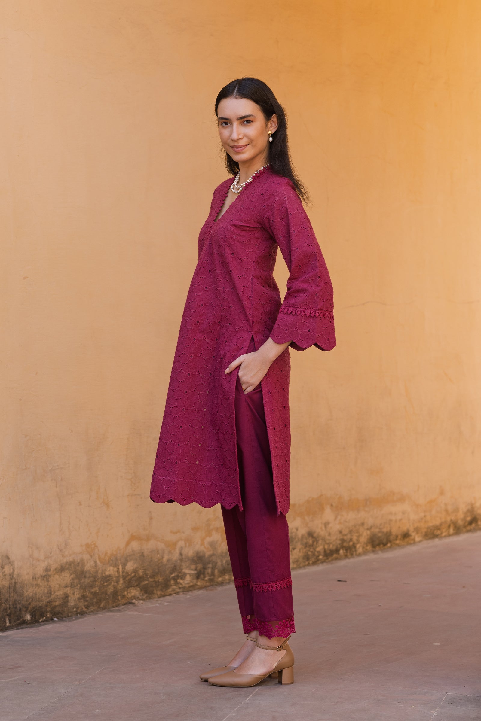 magenta pink embroidery kurti with dupatta