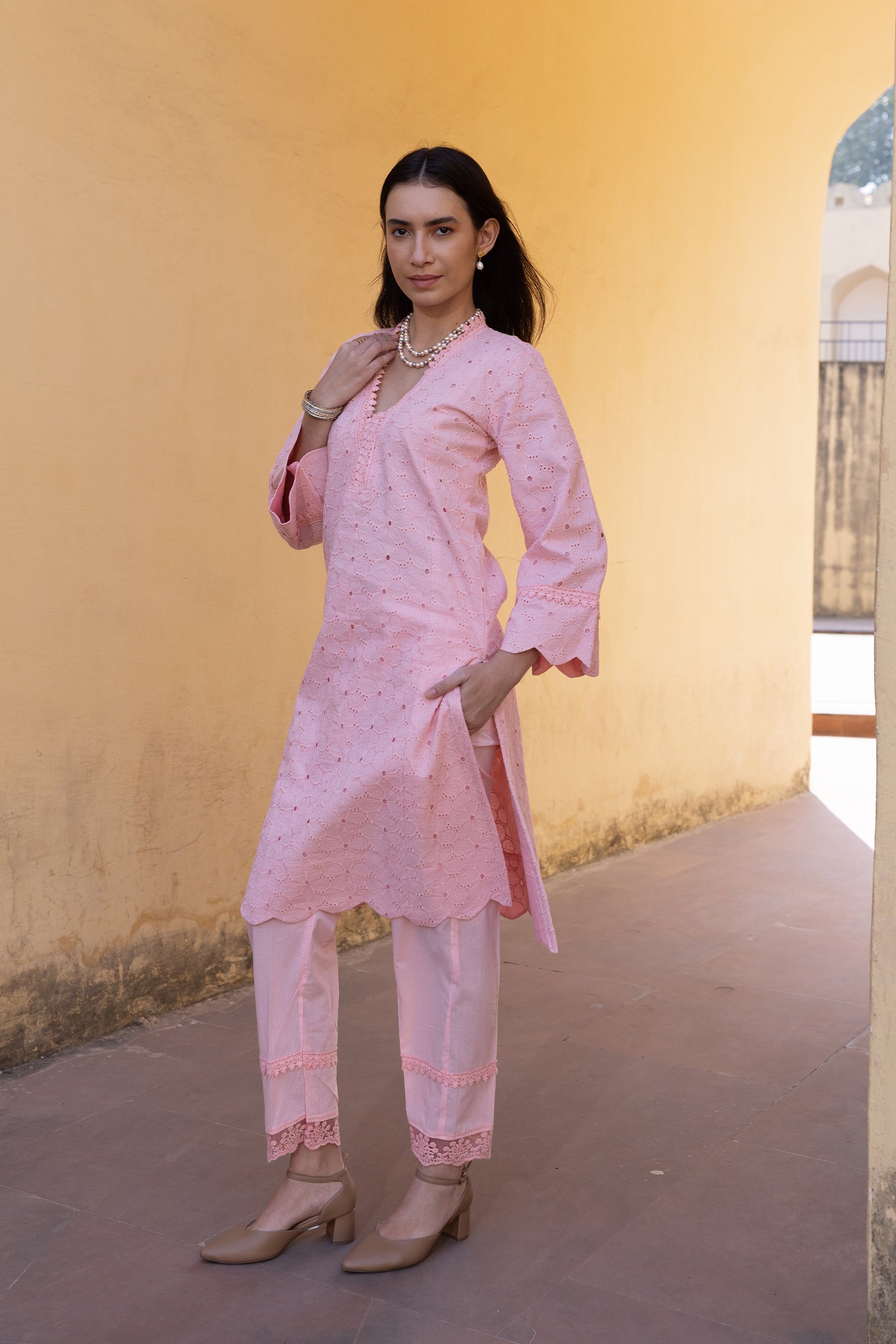 light pink embroidery kurti with dupatta