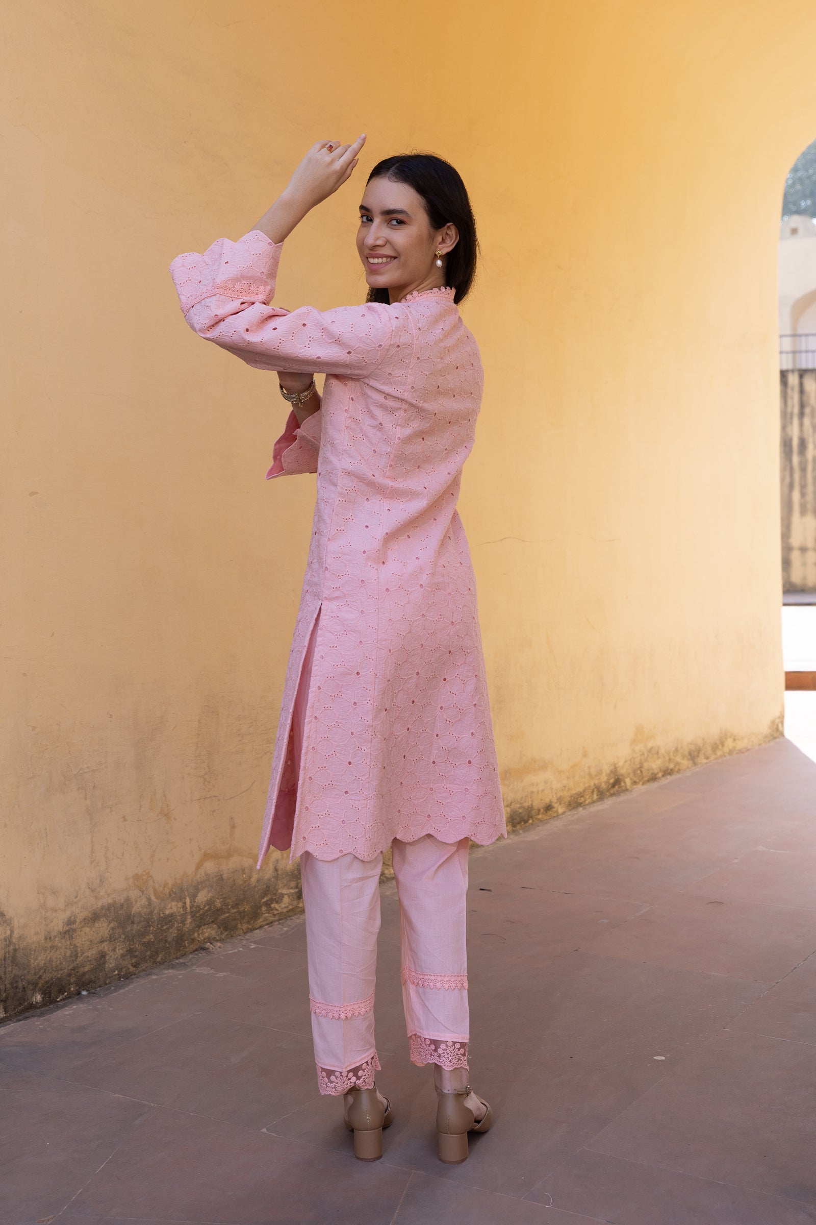 light pink embroidery kurti with dupatta