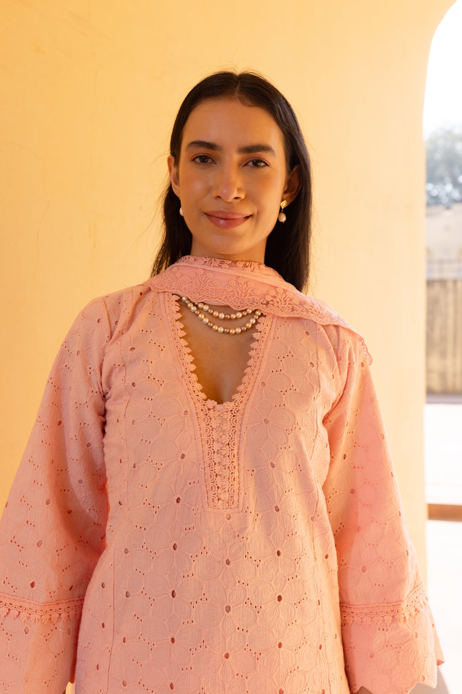 light pink embroidery kurti with dupatta