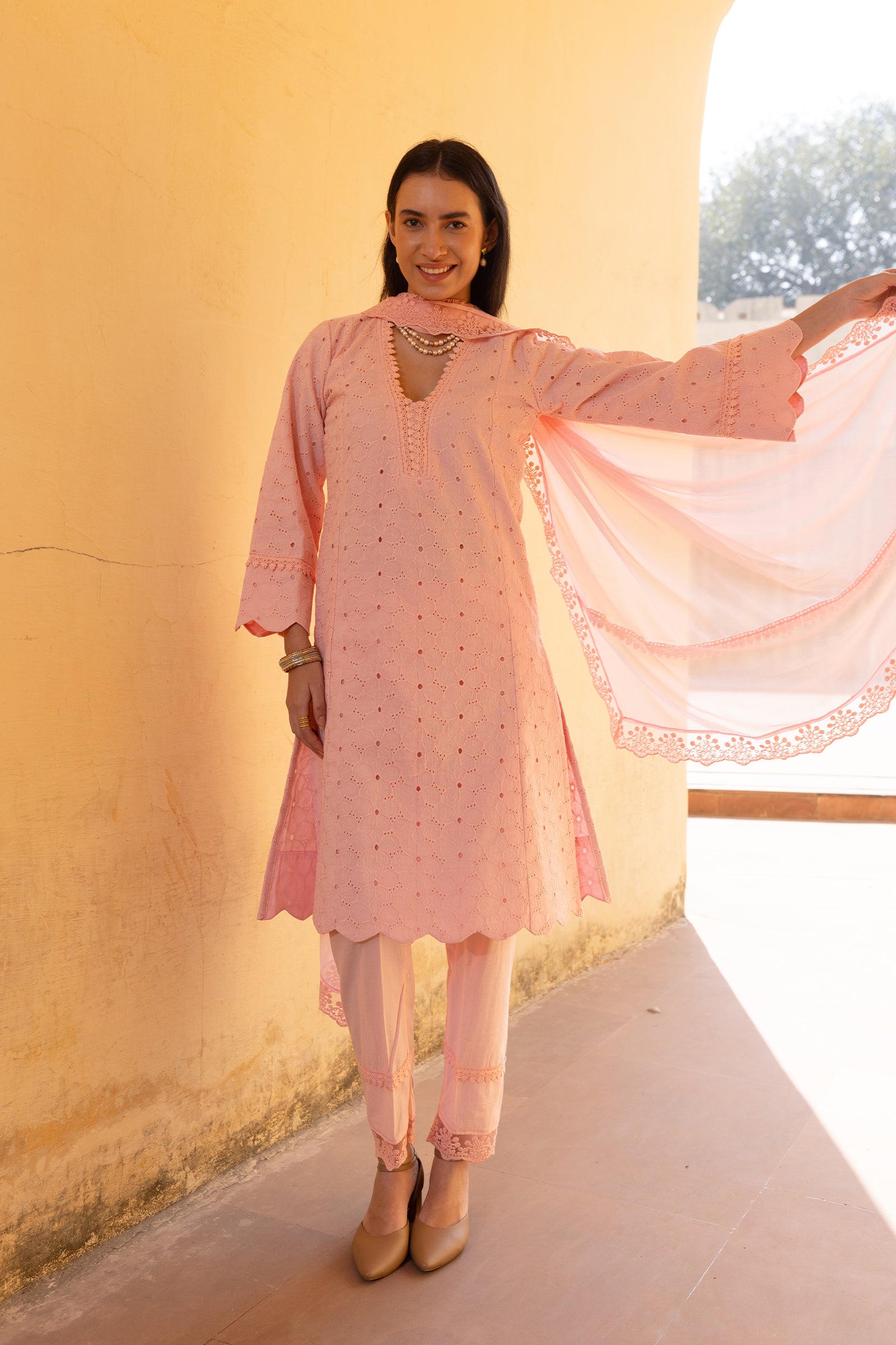 light pink embroidery kurti with dupatta