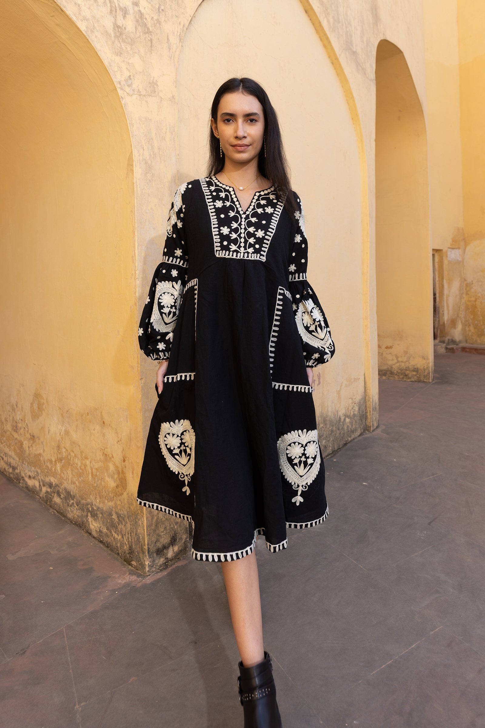 Black Linen Blend Embroidered Kaftan Dress