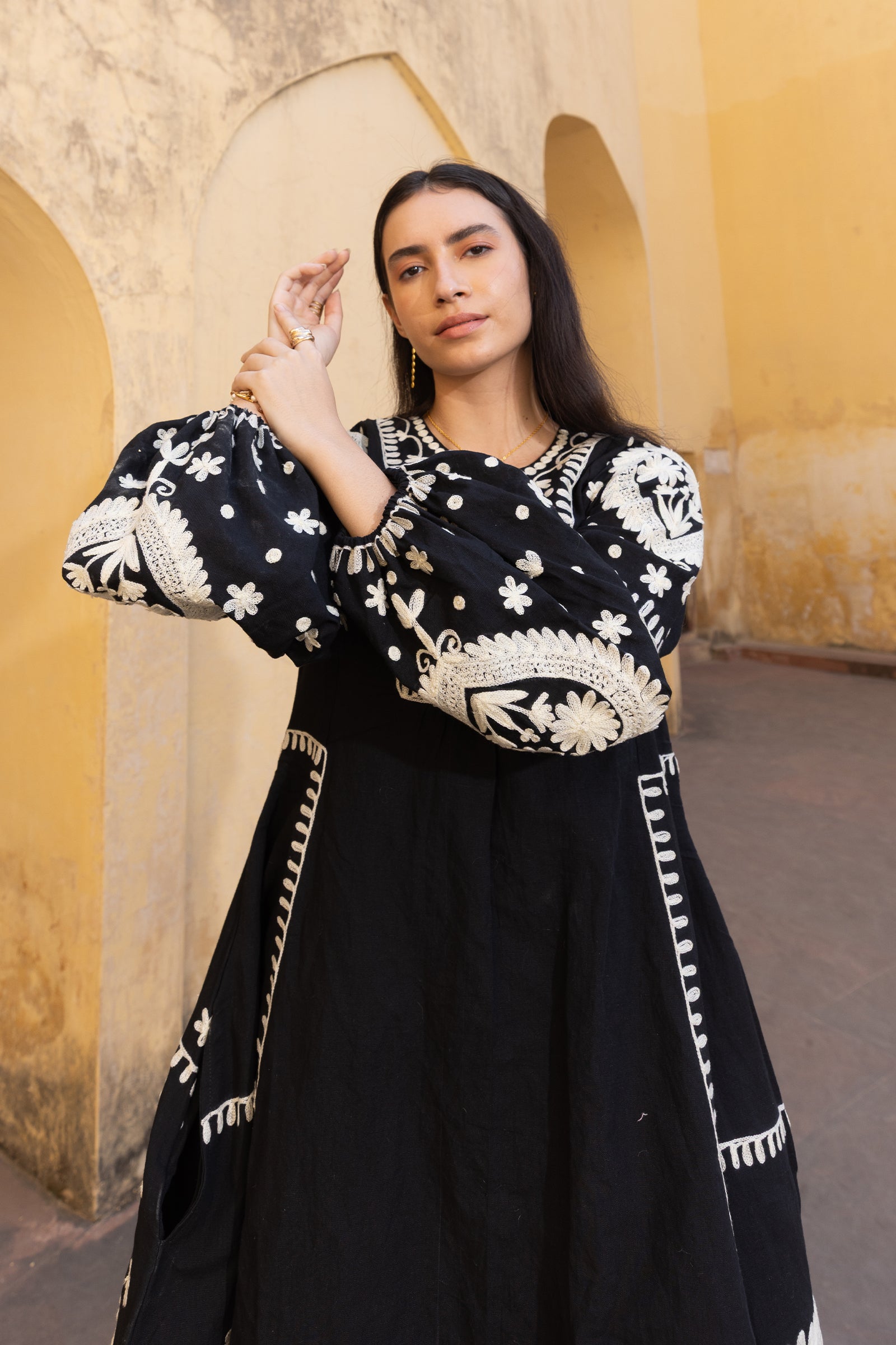 Black Linen Blend Embroidered Kaftan Dress