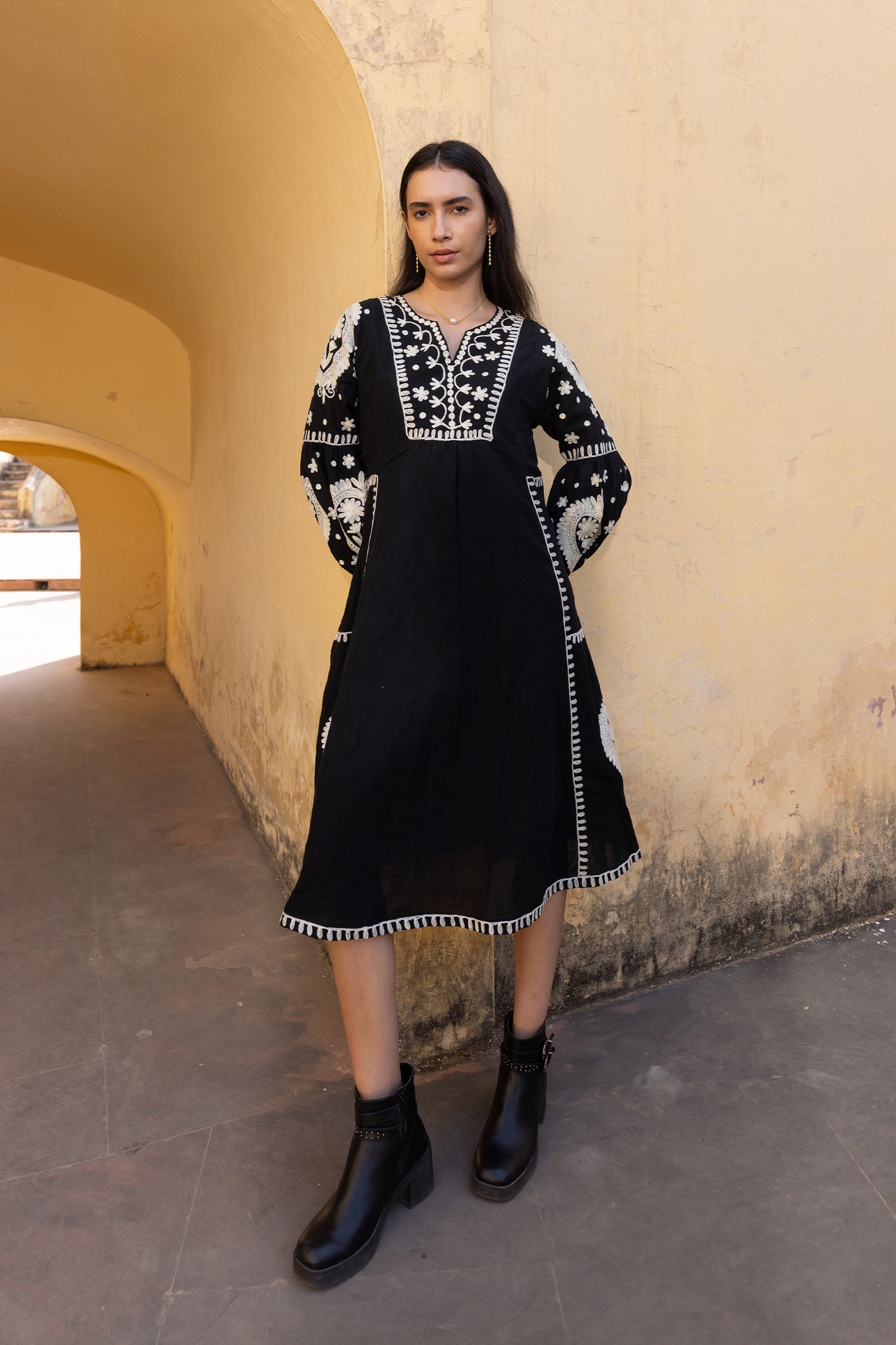 Black Linen Blend Embroidered Kaftan Dress