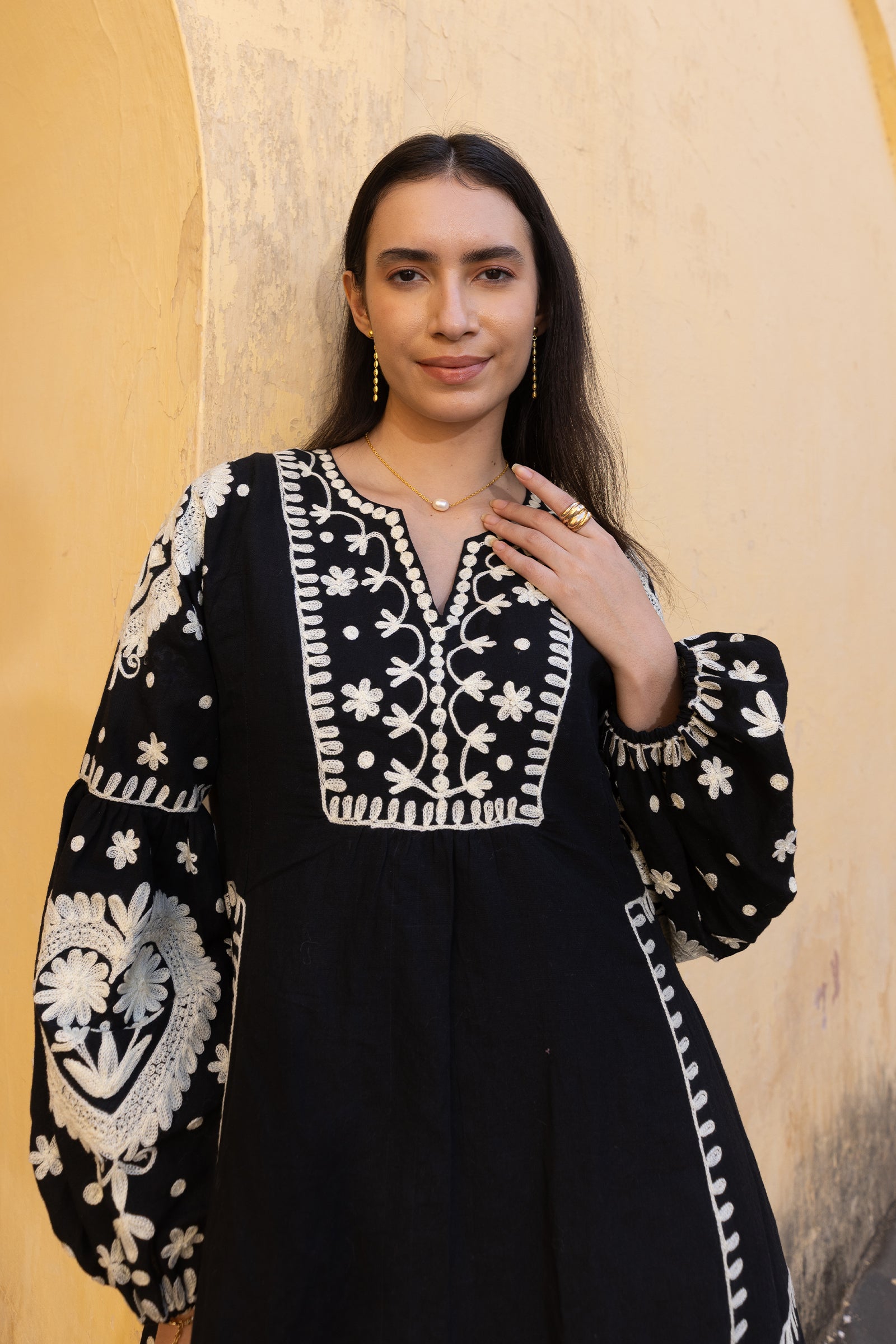 Black Linen Blend Embroidered Kaftan Dress