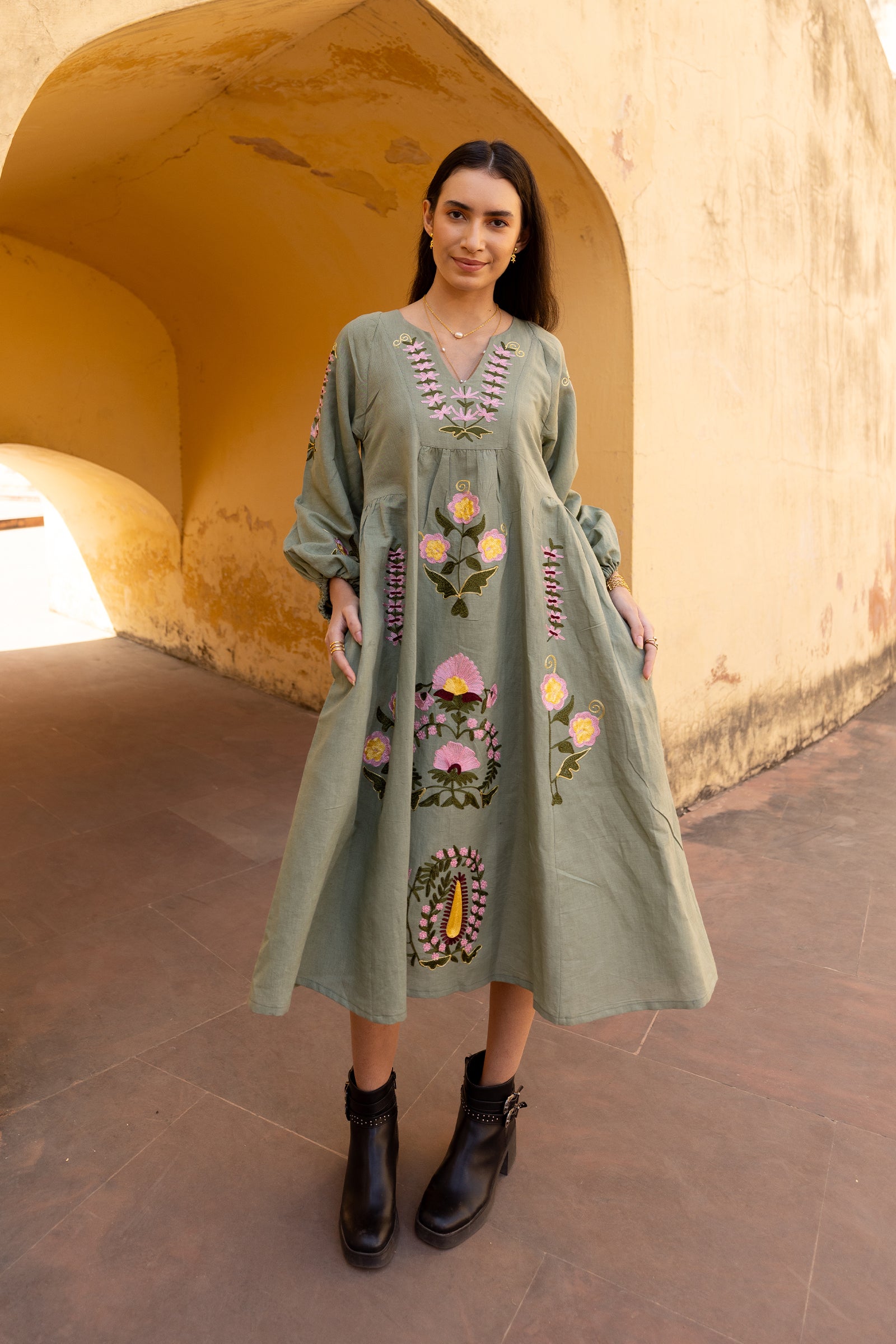 Sage Green Linen Blend Floral Embroidered Dress