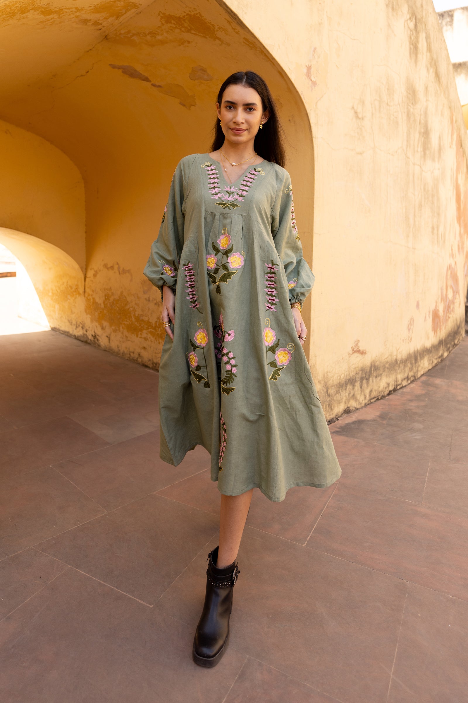 Sage Green Linen Blend Floral Embroidered Dress