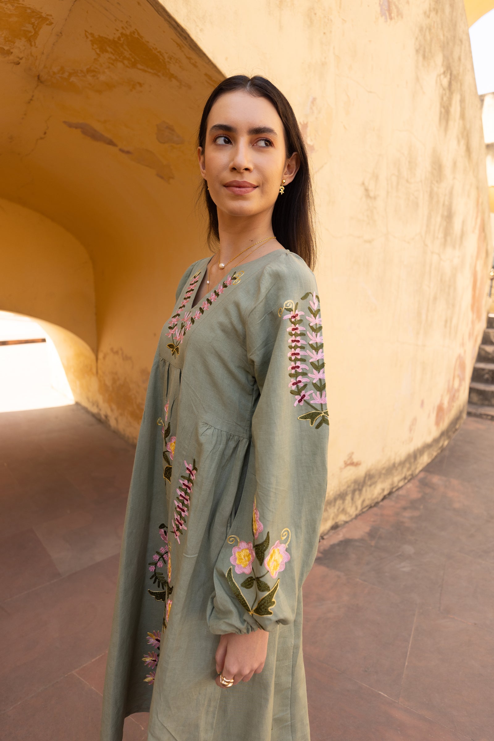 Sage Green Linen Blend Floral Embroidered Dress