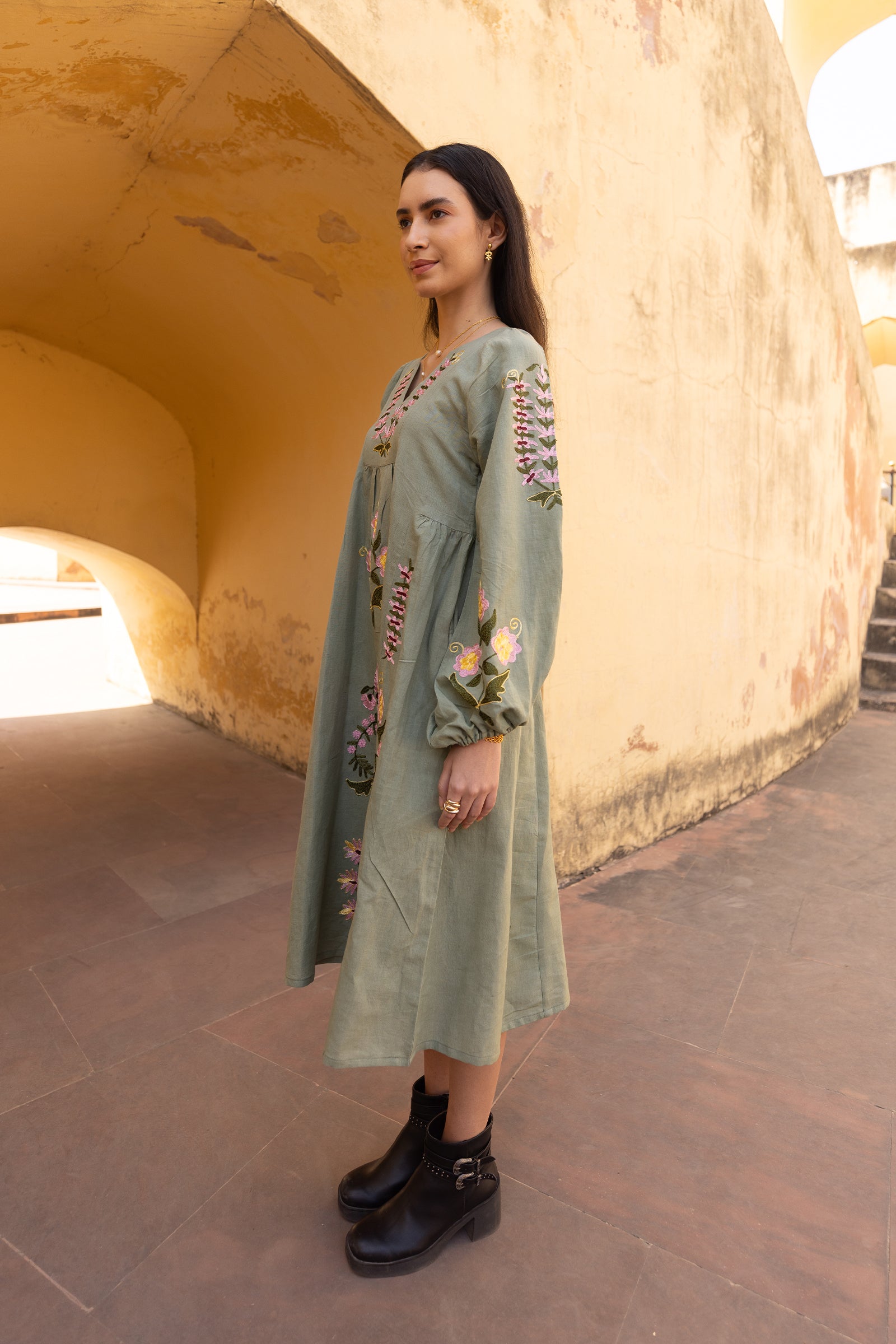 Sage Green Linen Blend Floral Embroidered Dress