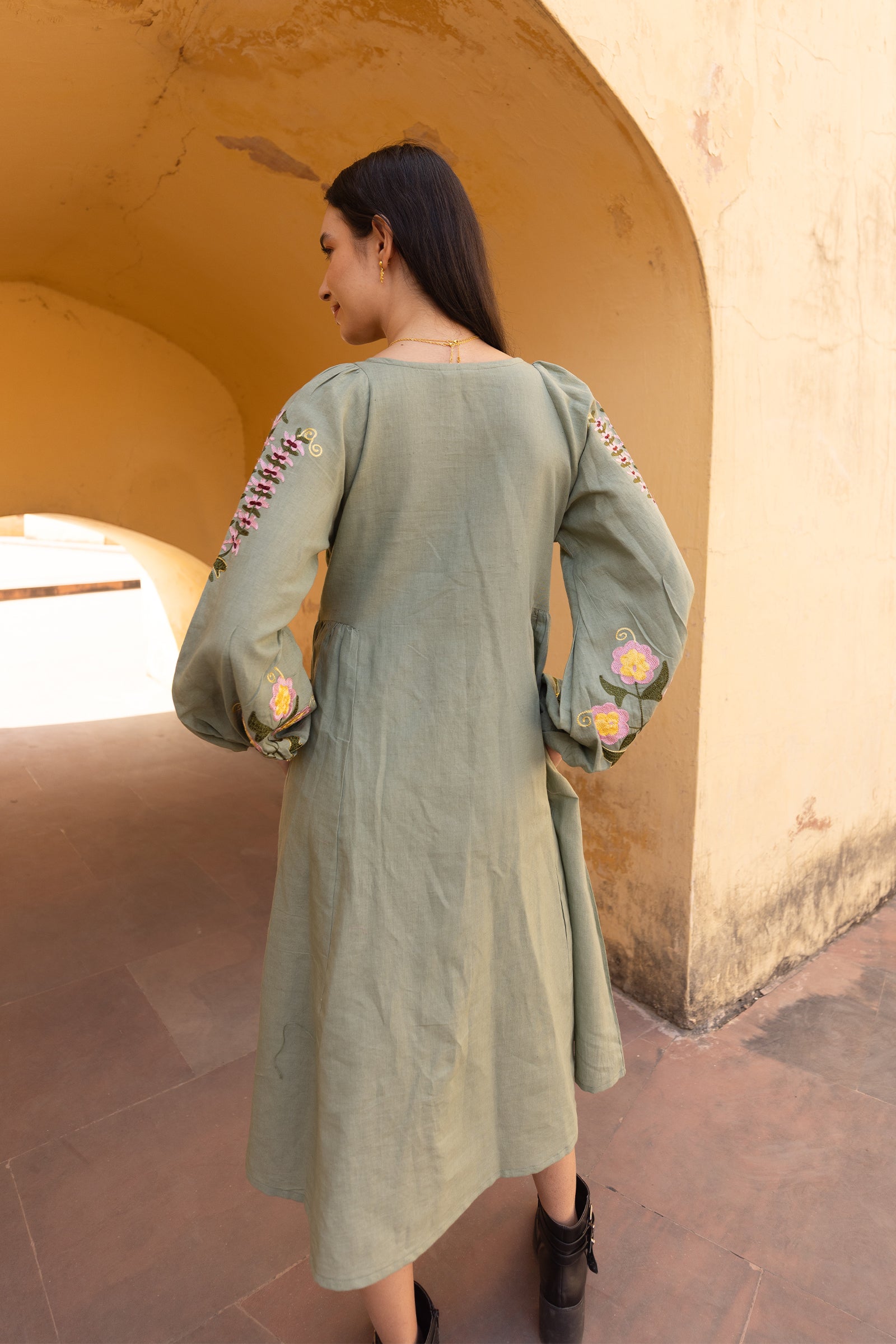 Sage Green Linen Blend Floral Embroidered Dress