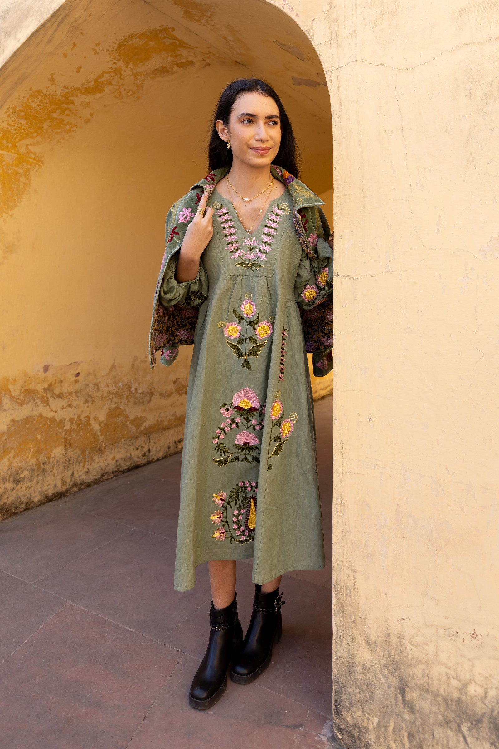 Sage Green Linen Blend Floral Embroidered Dress