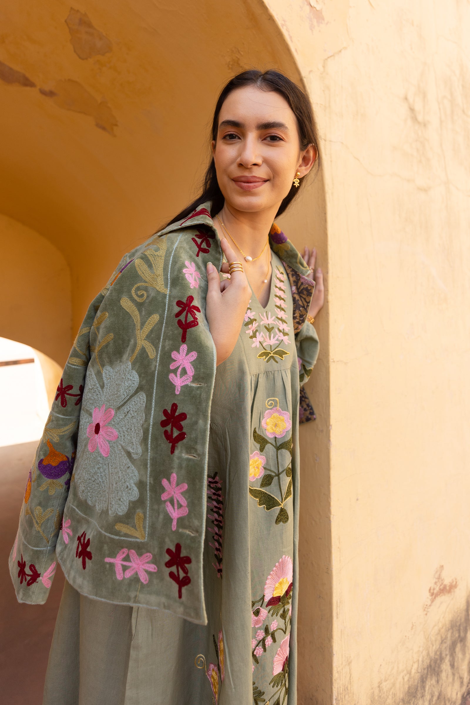 Sage Green Linen Blend Floral Embroidered Dress