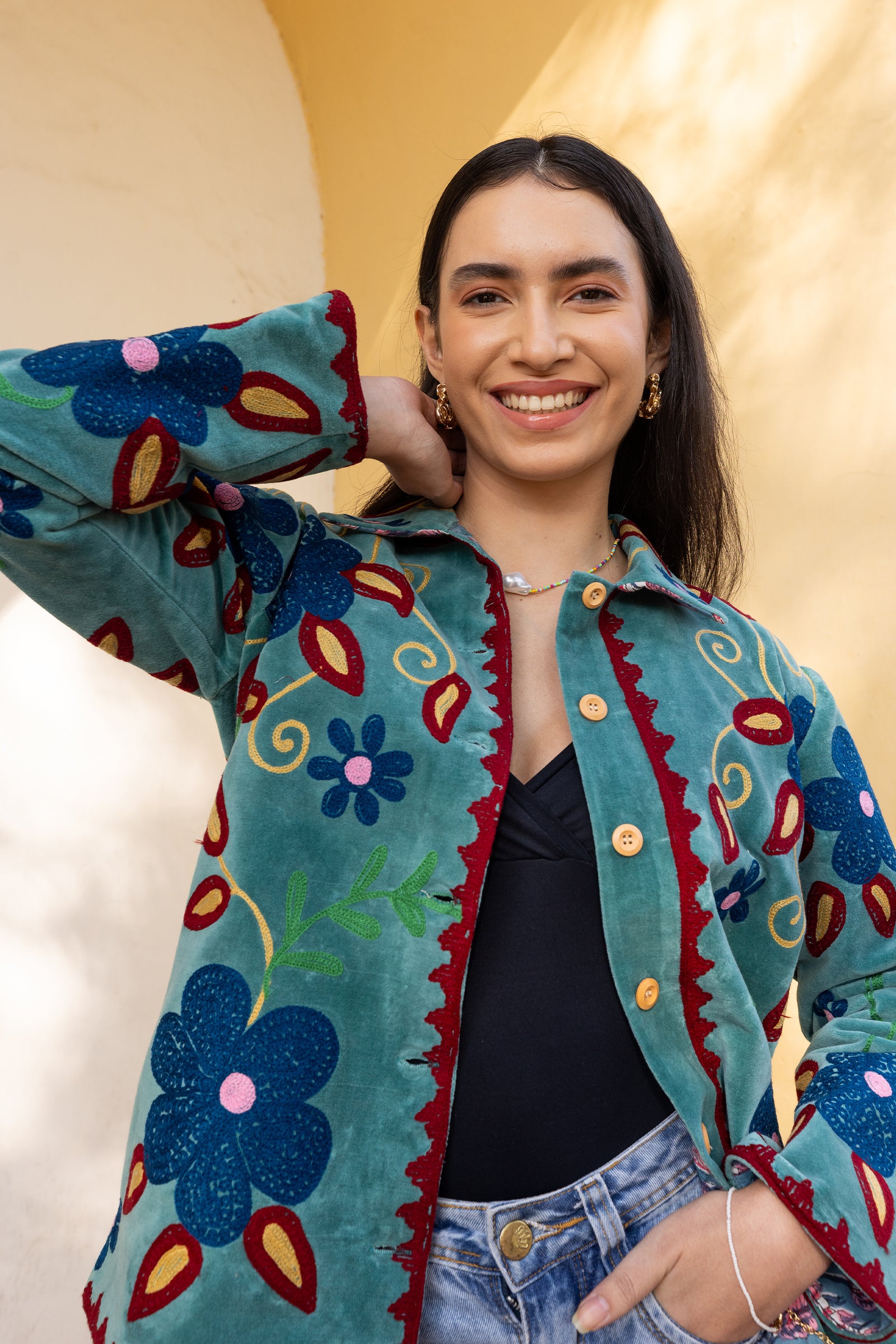 Teal Velvet Multicolour Embroidered Jacket