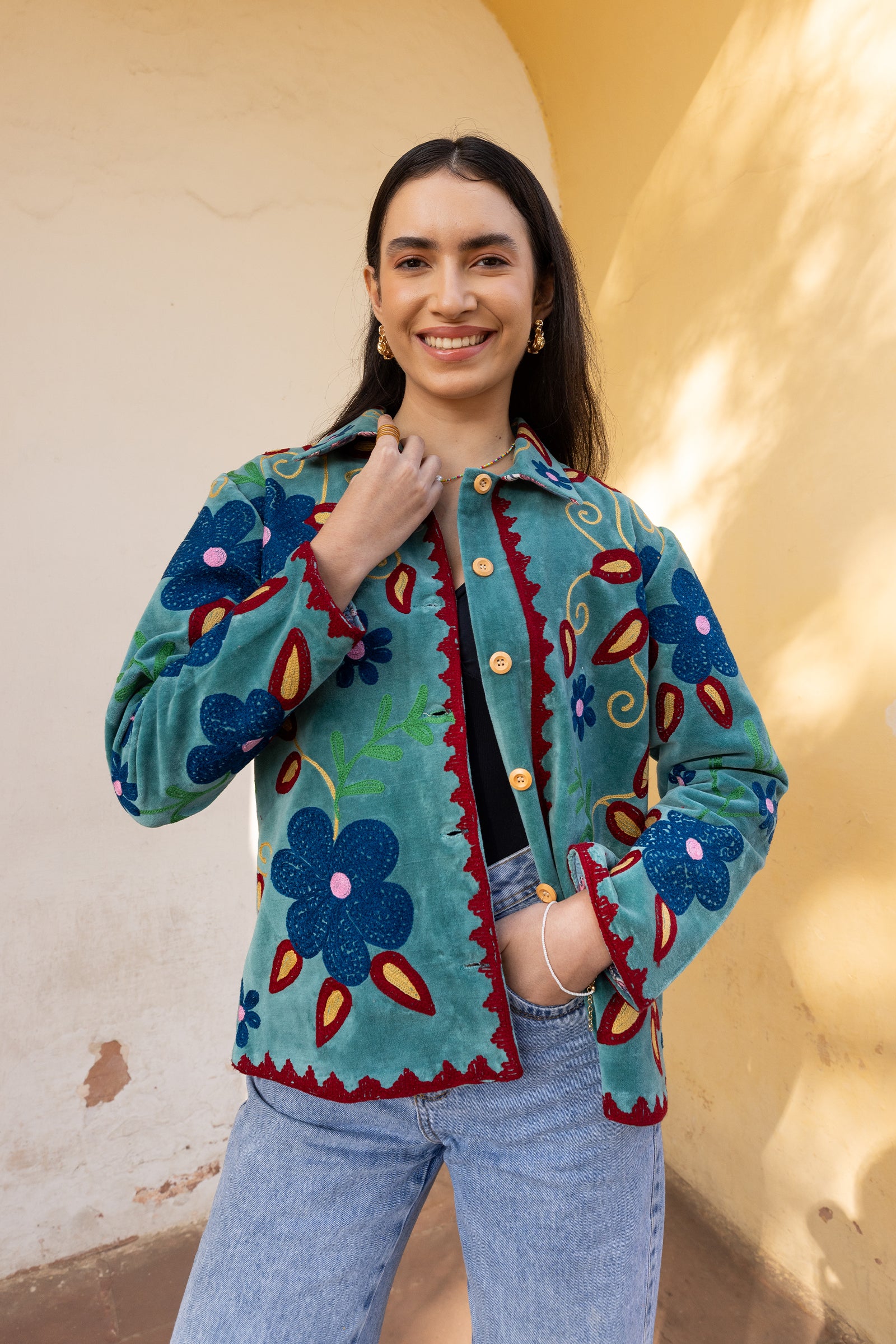Teal Velvet Multicolour Embroidered Jacket