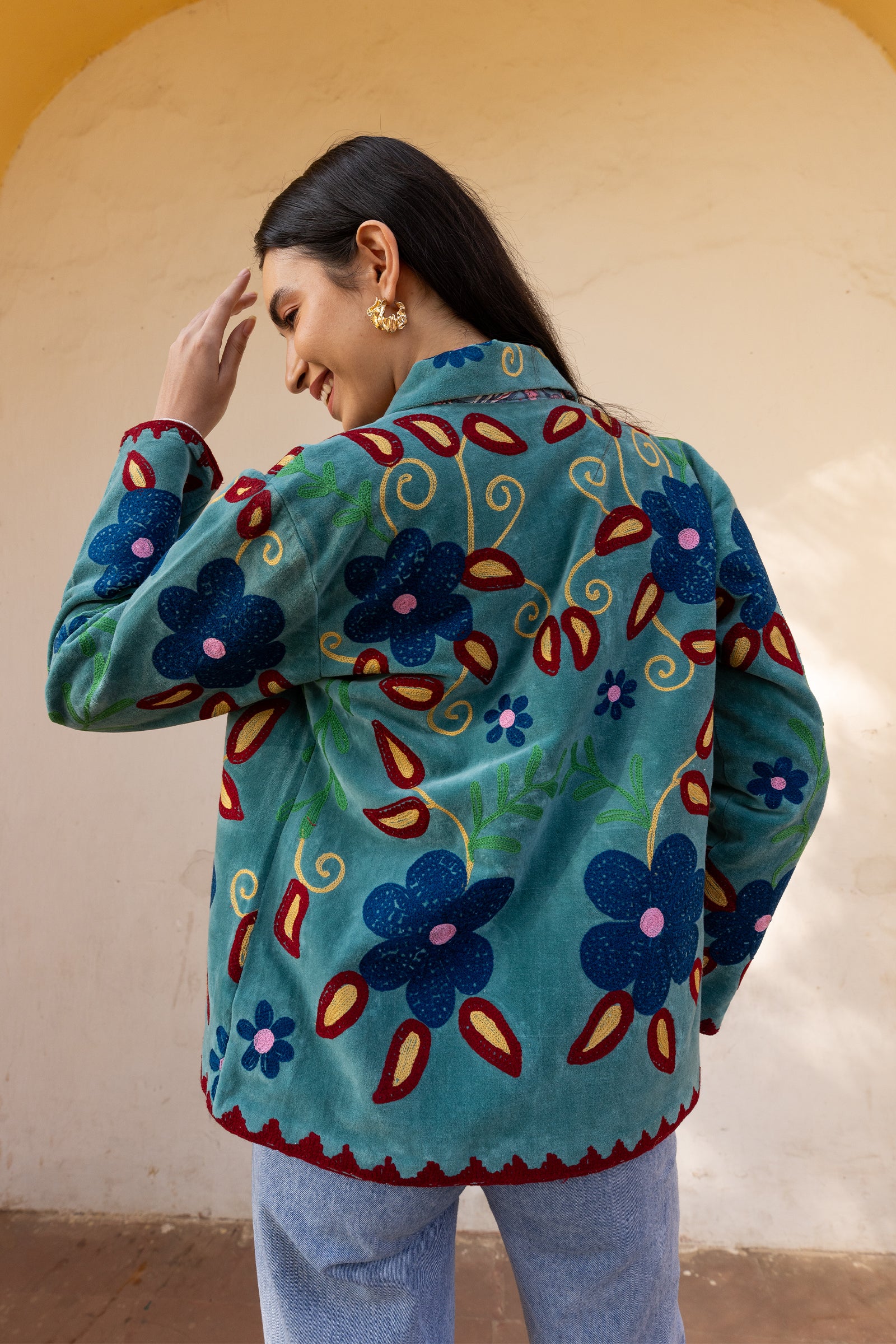 Teal Velvet Multicolour Embroidered Jacket